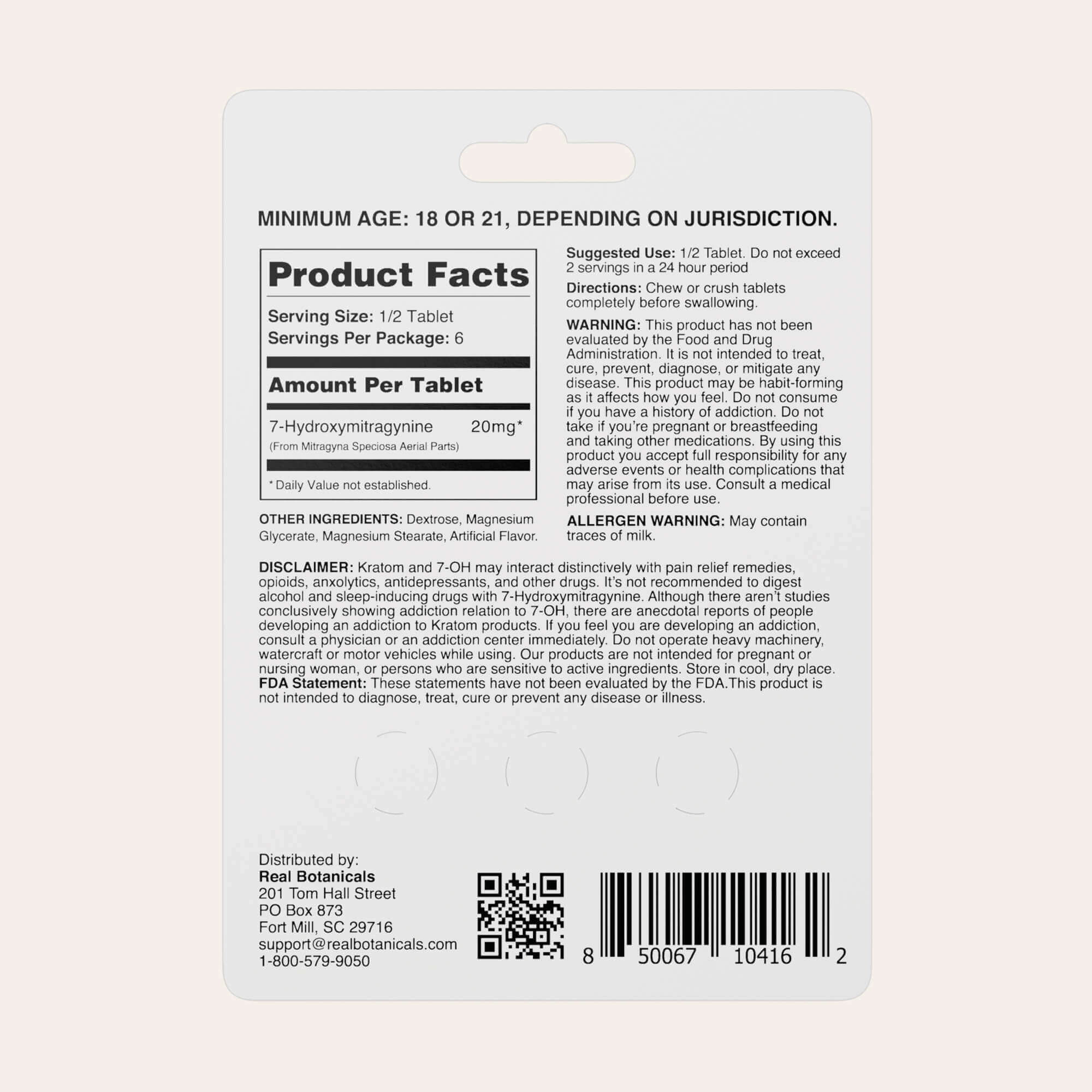 Back of a supplement package with product facts, ingredients, suggested use, warnings, and manufacturer contact details. Includes a barcode, QR code, and instructions for adult use only. 