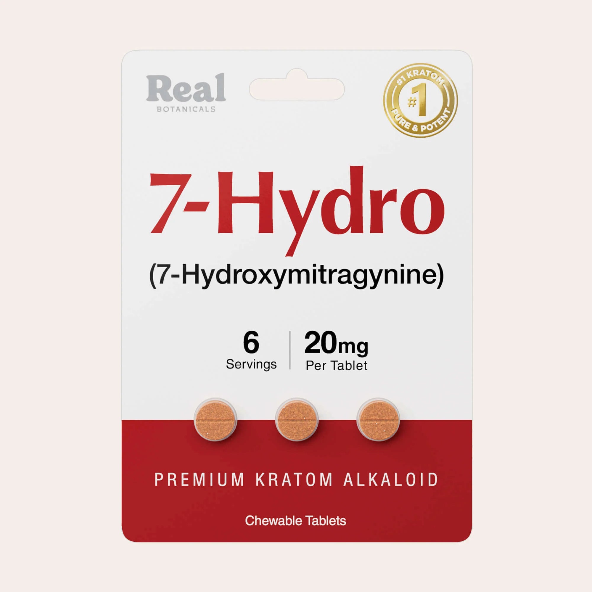 Packaging for 7-Hydro (7-Hydroxymitragynine) by Real Botanicals, showing three round tablets, labeled as 6 servings, 20mg per tablet, premium kratom alkaloid, chewable tablets. 