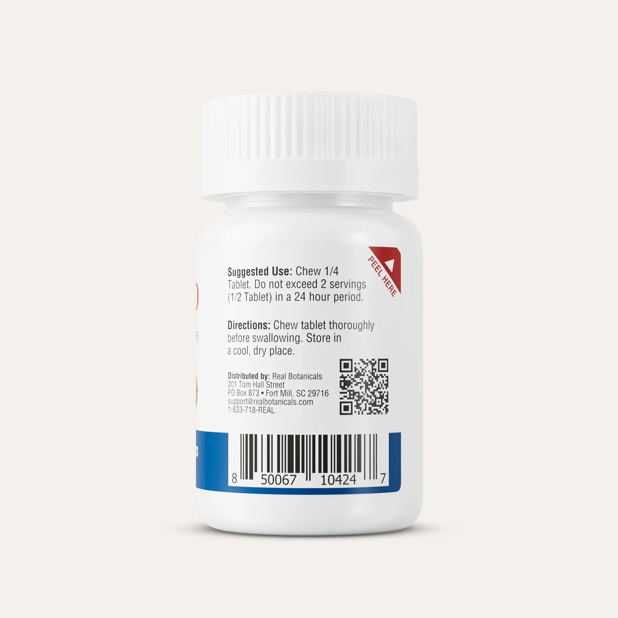 Medication bottle label with text and a QR code on a white background