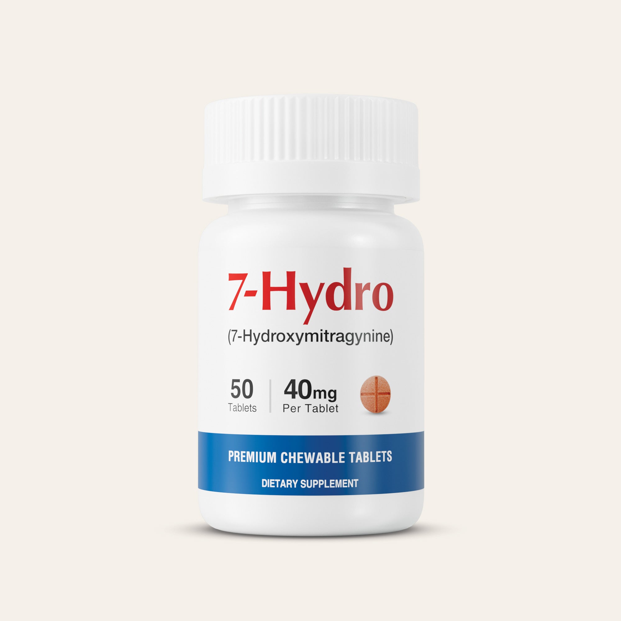Supplement bottle labeled '7-Hydro' with white cap and label on a beige background