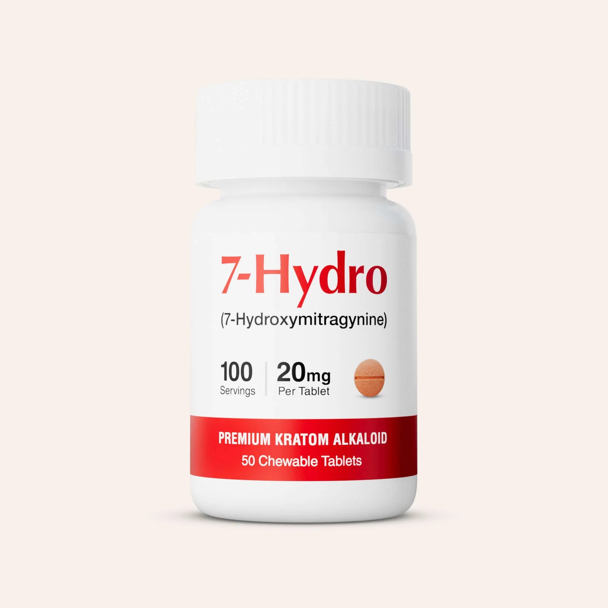 A white bottle labeled 7-Hydro (7-Hydroxymitragynine) contains 50 chewable tablets, each with 20 mg per tablet. The bottle also reads Premium Kratom Alkaloid and 100 servings. 