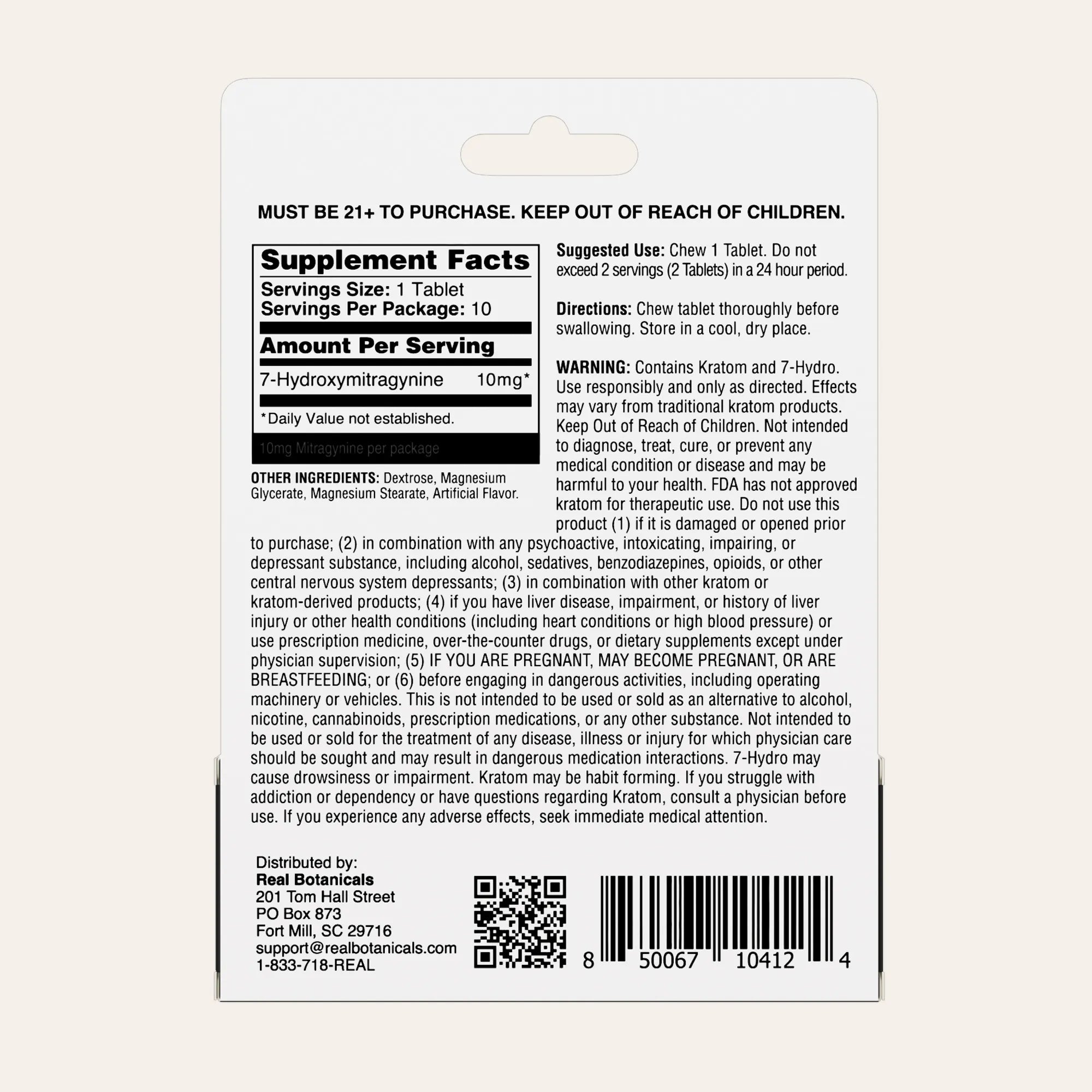 Back label of a supplement package with text and a QR code on a white background