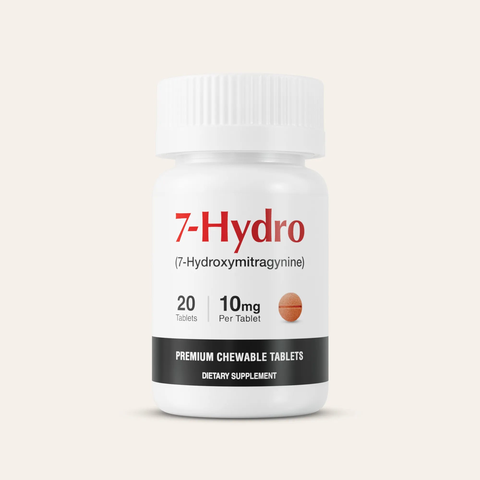 Supplement bottle labeled '7-Hydro' on a beige background