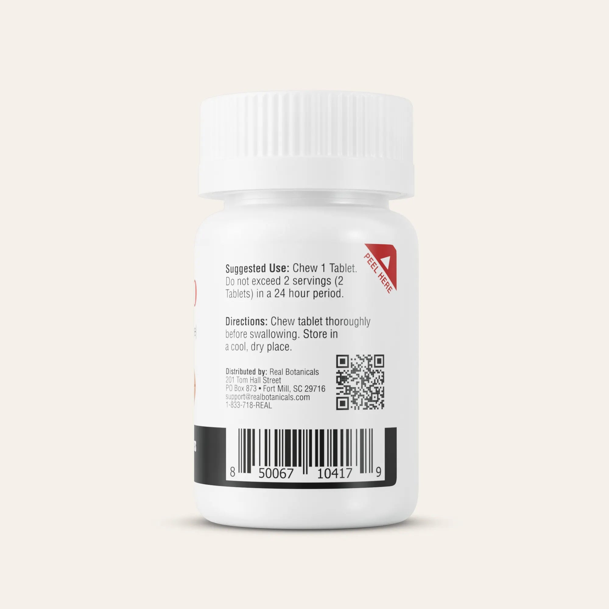 Bottle label with text and a QR code on a white background