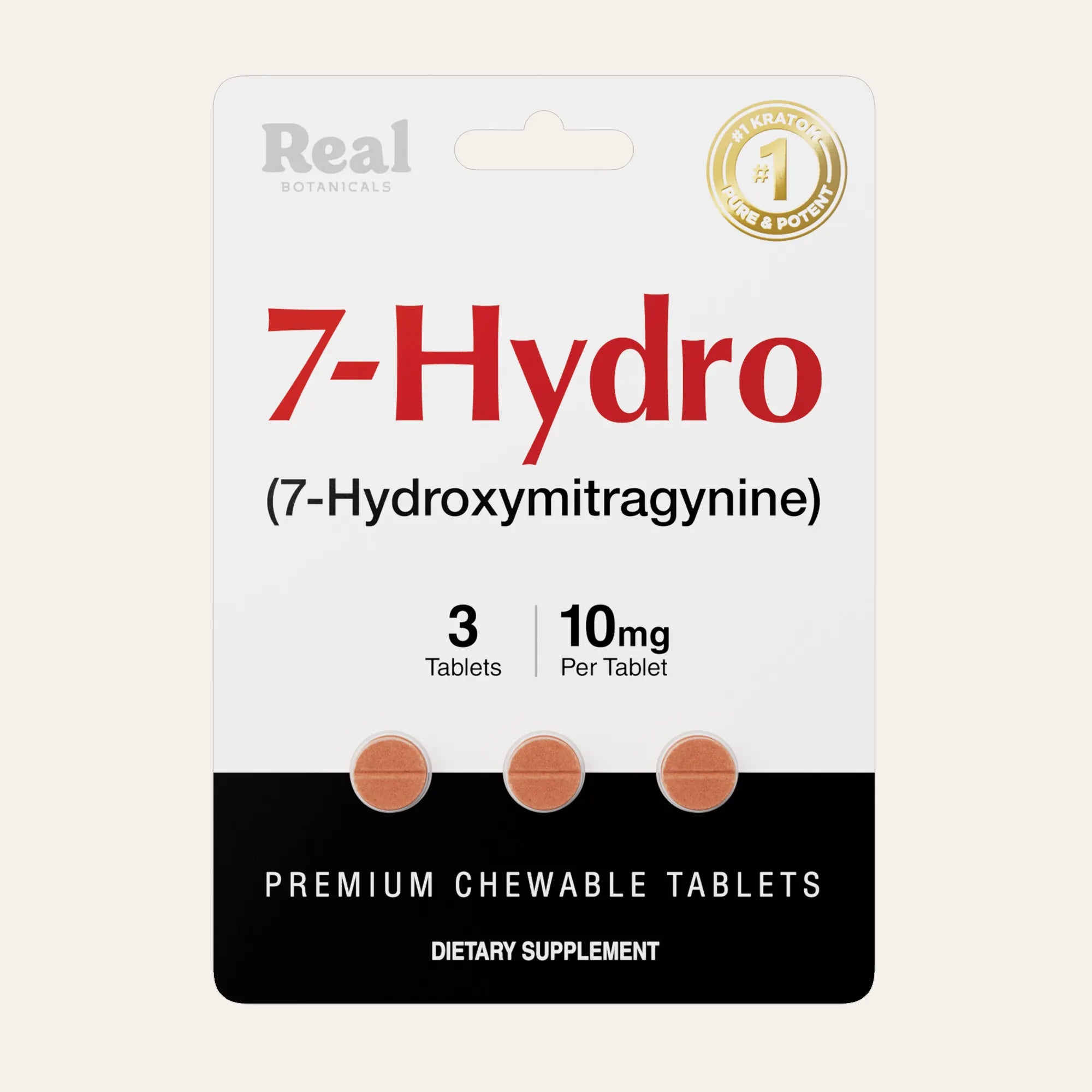 Package of 7-Hydro dietary supplement with 'Real Botanicals' branding on a beige background#10mg_3ct