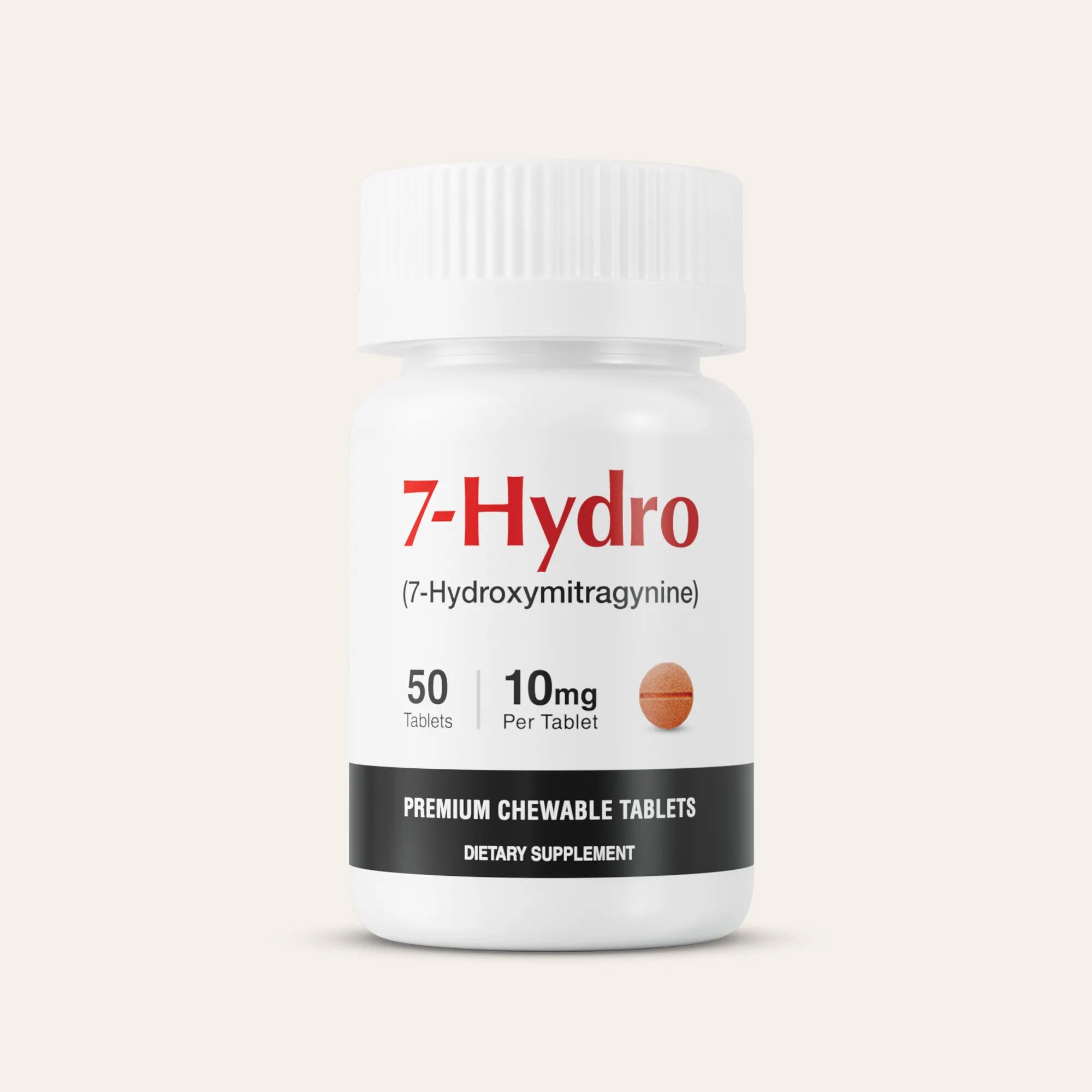 Supplement bottle labeled '7-Hydro' on a beige background