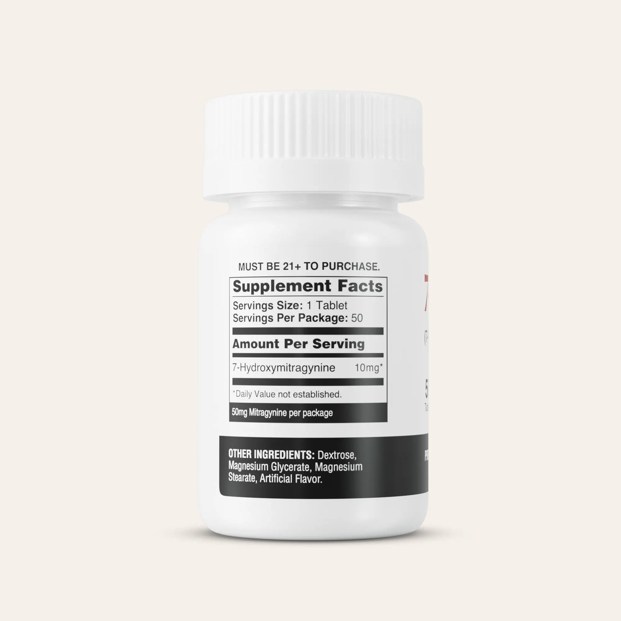 Supplement bottle with label on a beige background