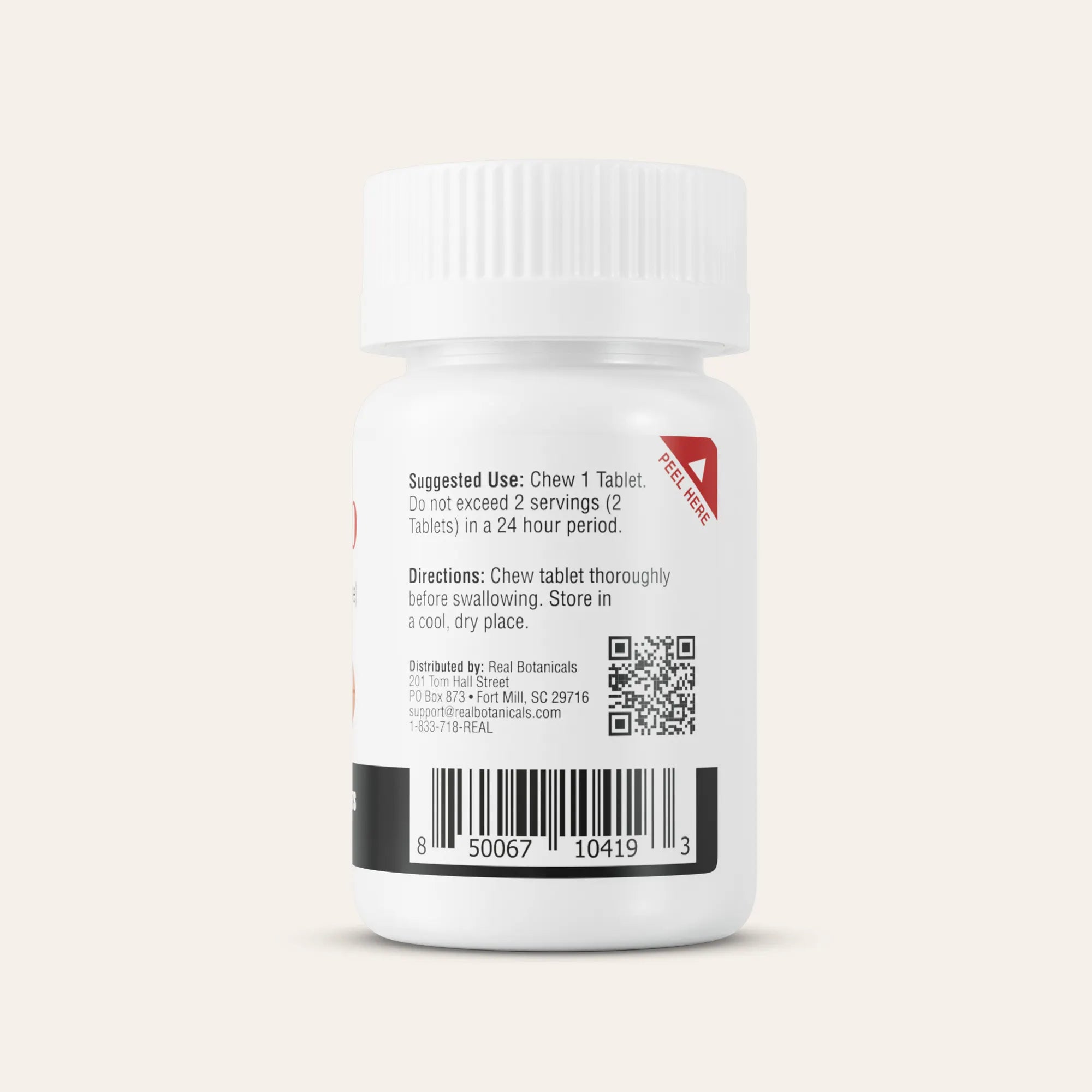 White pill bottle with label on a light beige background