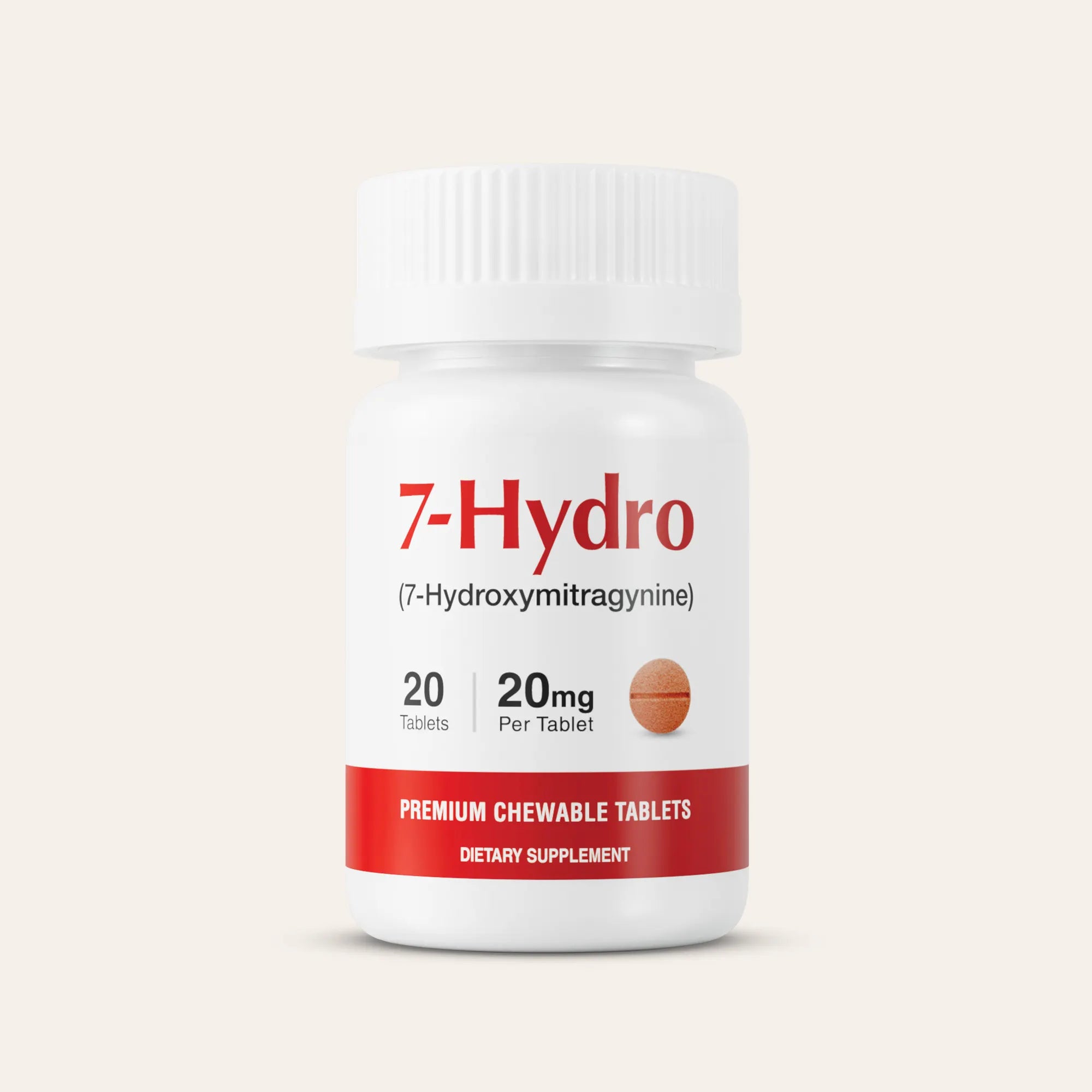Supplement bottle labeled '7-Hydro' with red and white design on a beige background