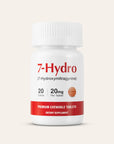 Supplement bottle labeled '7-Hydro' with red and white design on a beige background