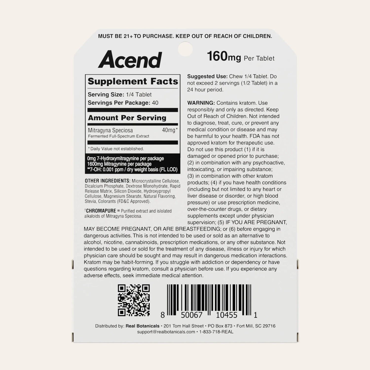 Back label of Acend supplement packaging with text and QR code on a white background