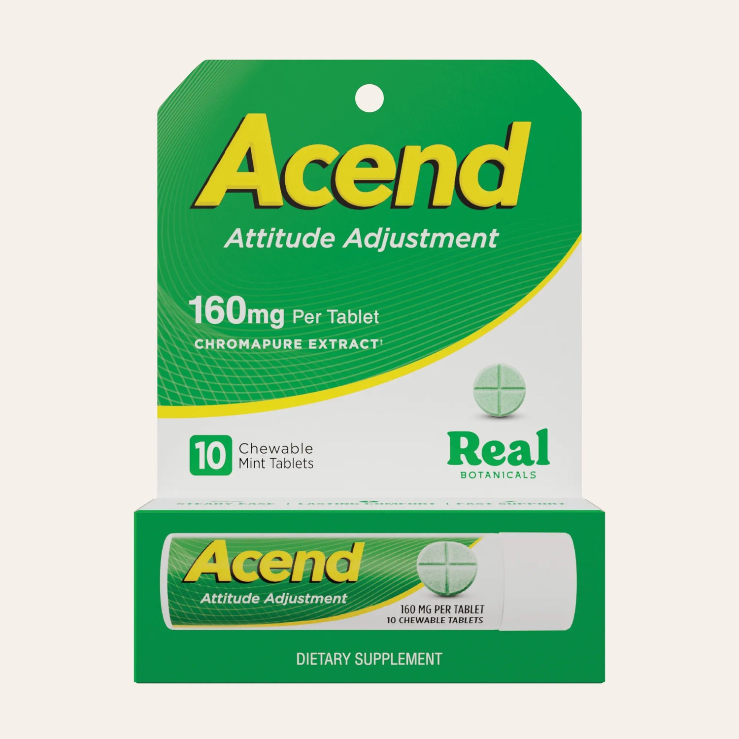 Green and yellow packaging of Acend dietary supplement on a white background