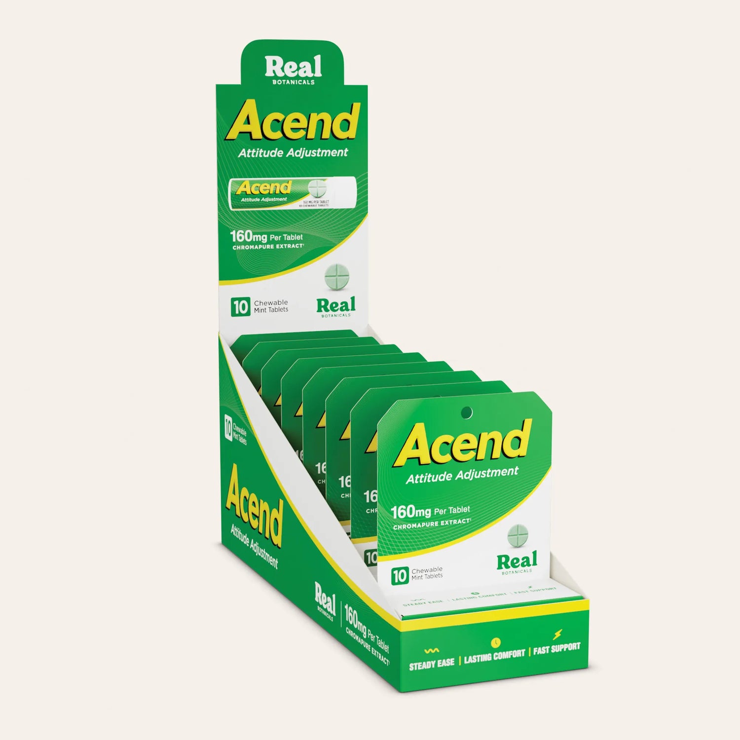 Display box of Acend with green and yellow packaging on a white background