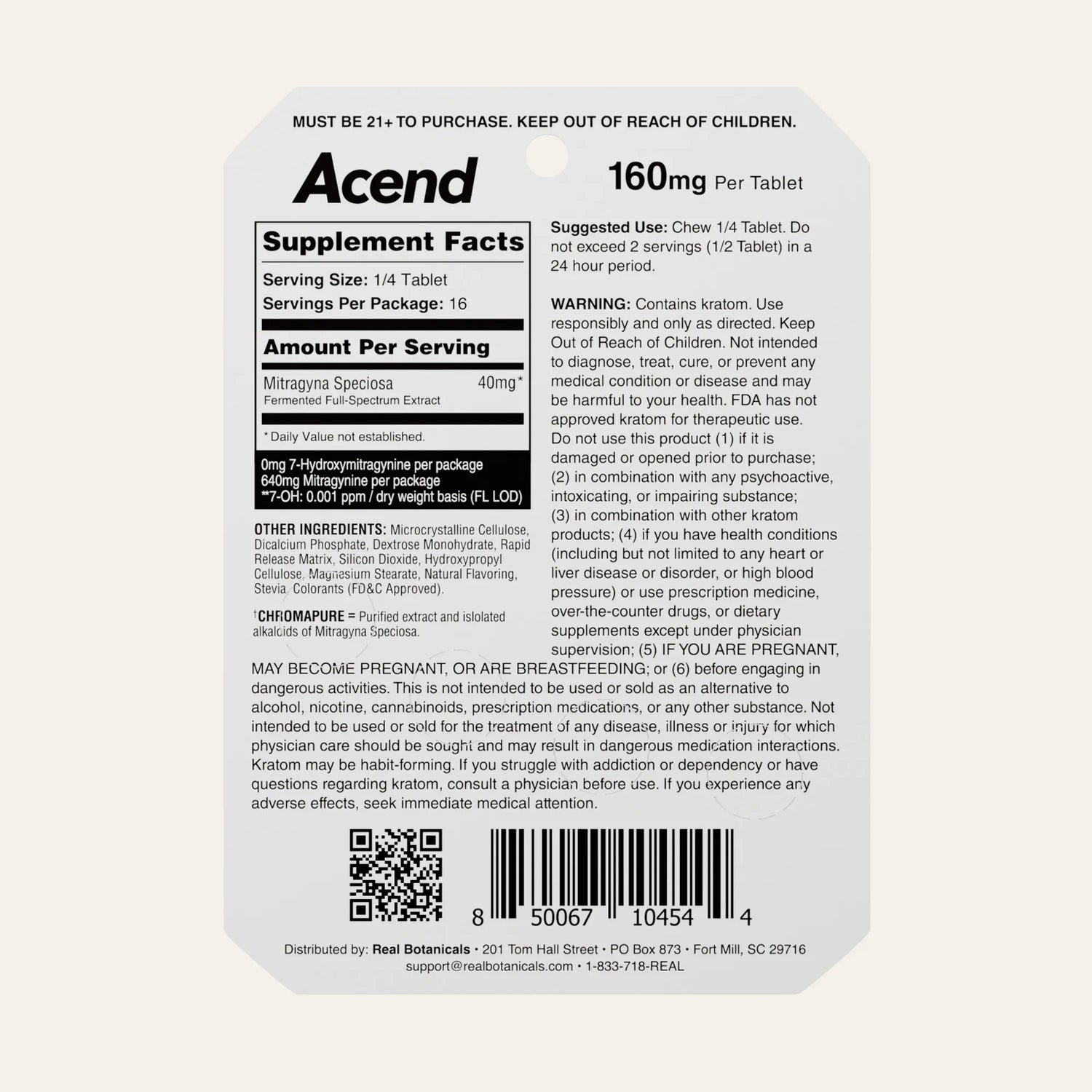 Supplement label for Acend with detailed ingredient list and usage instructions on a white background.