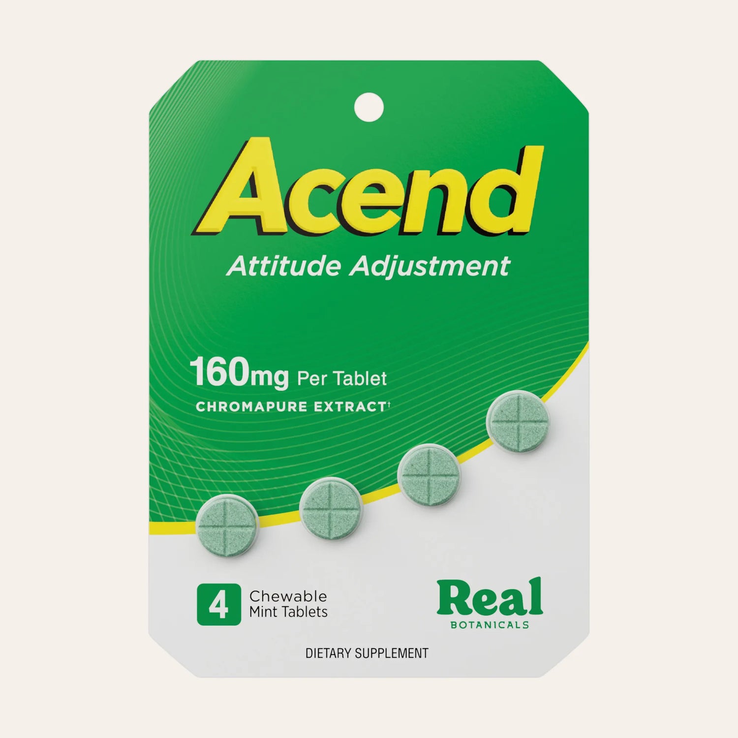 Packaging of Acend dietary supplement with green and yellow design
