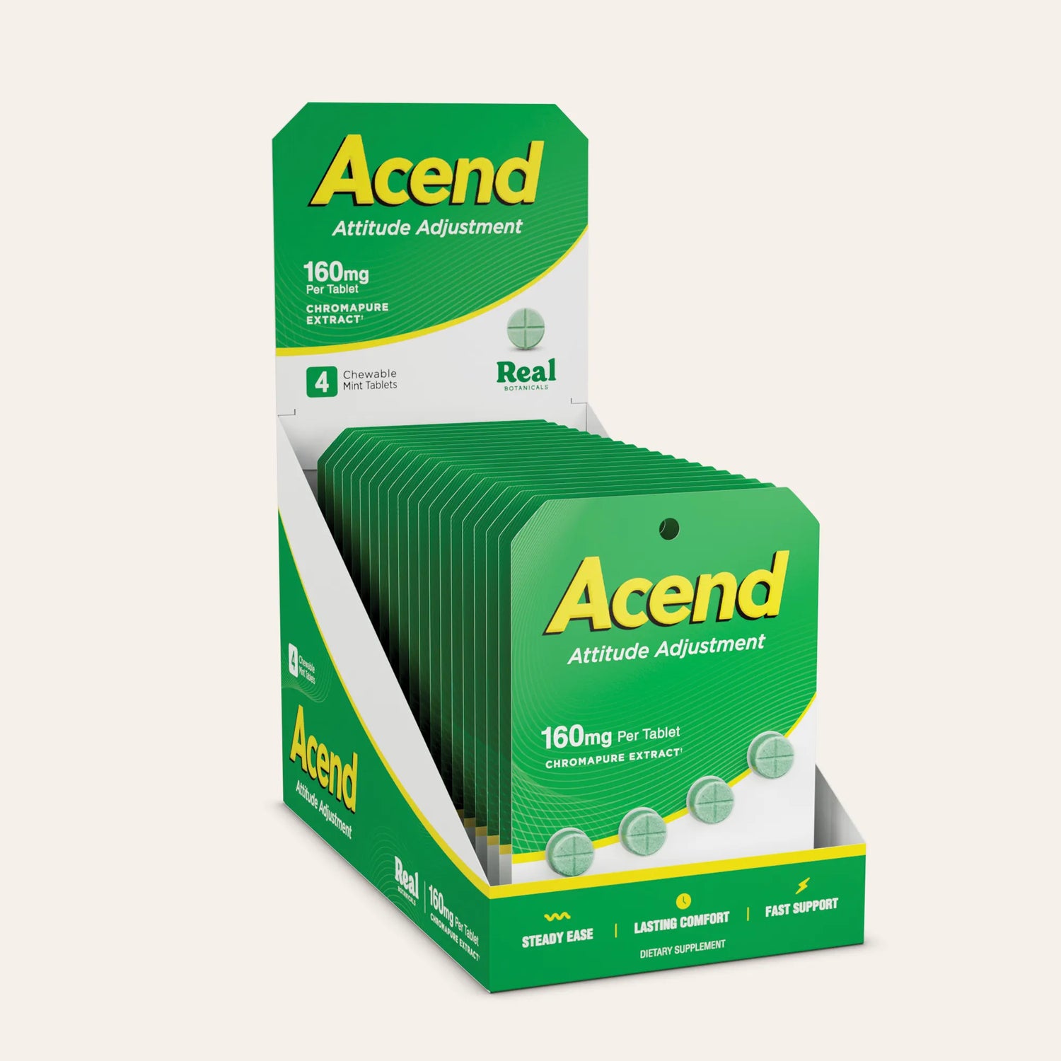 Display of Acend attitude adjustment supplement packages on a light gray background