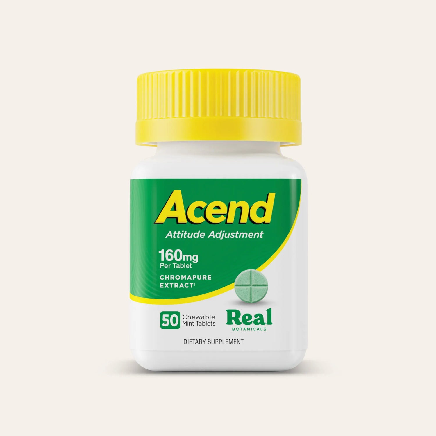 Supplement bottle labeled 'Acend' with a yellow cap on a white background
