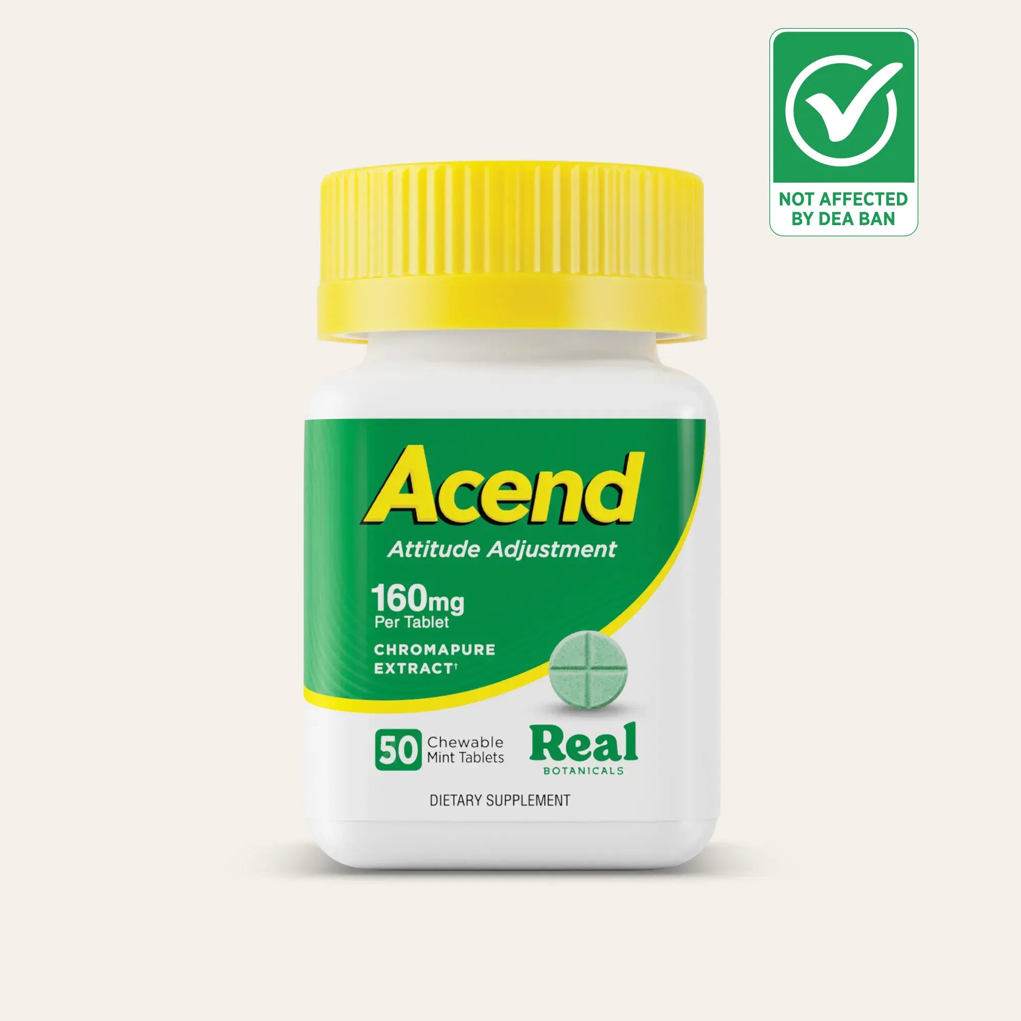 Supplement bottle labeled 'Acend' with a yellow cap on a white background#160mg_50ct
