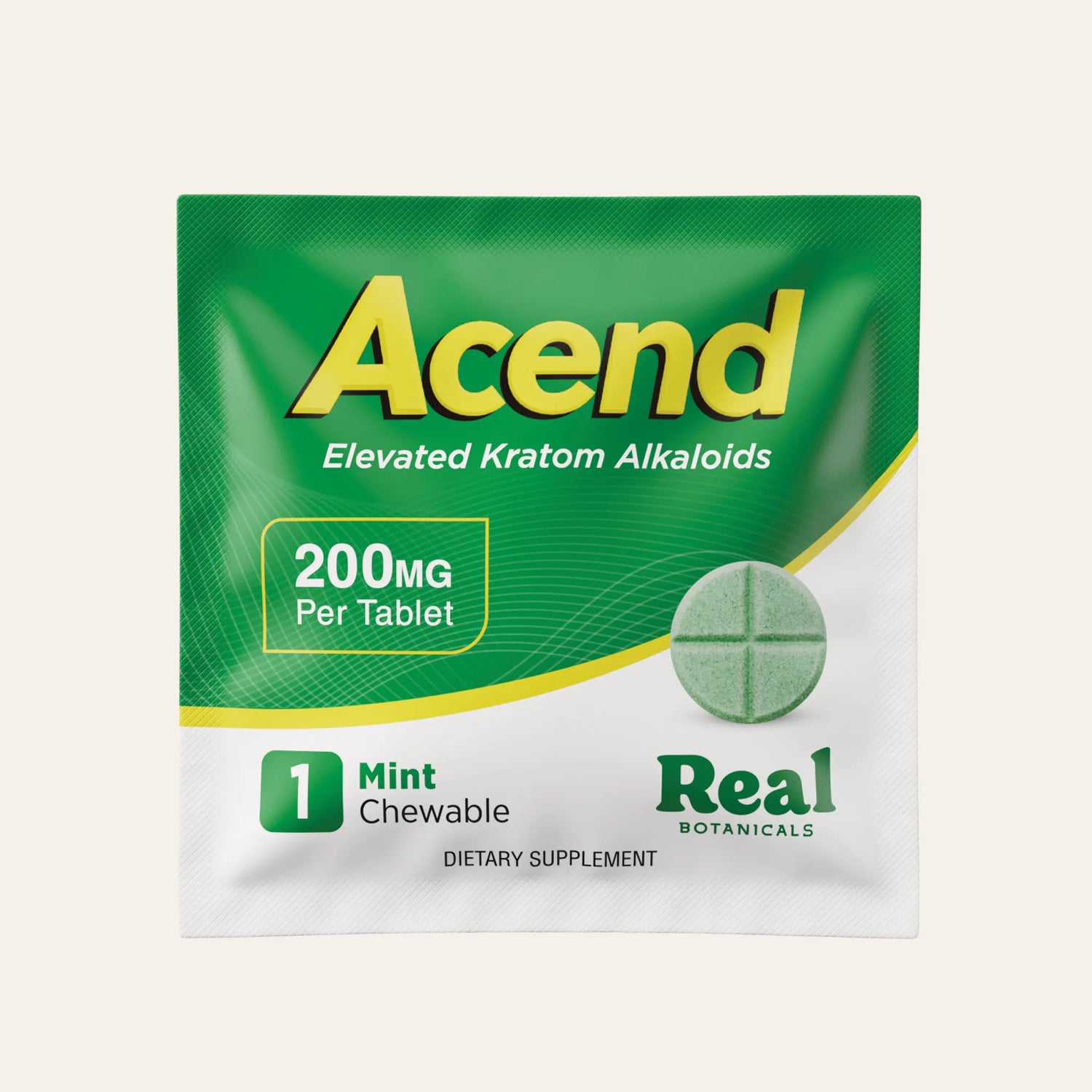 A single packet of Acend Elevated Kratom Alkaloids 200mg per tablet, mint chewable, from Real Botanicals, shown on a light beige background.