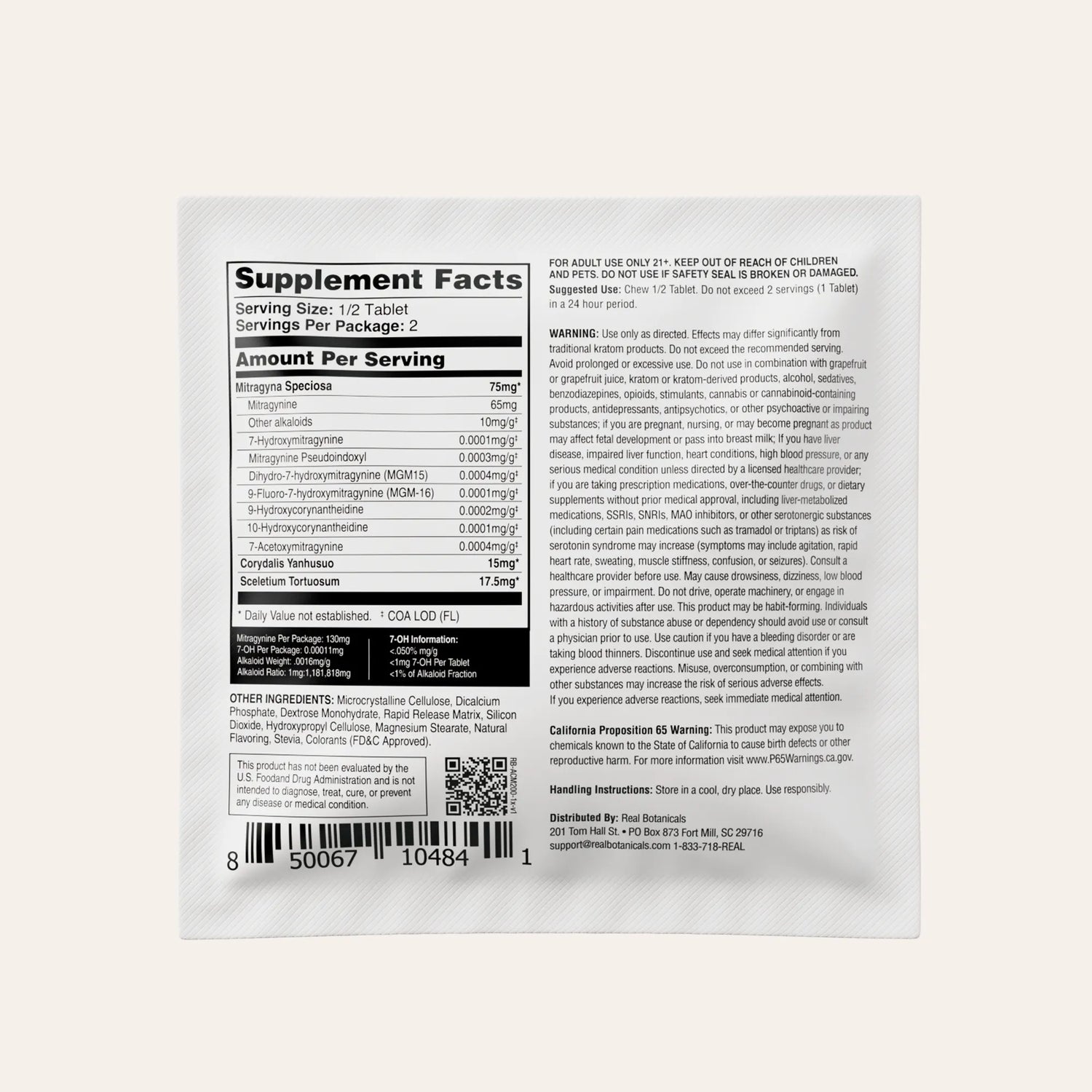 The back of a supplement package showing the Supplement Facts label, ingredients, warnings, and a barcode on a plain light background.