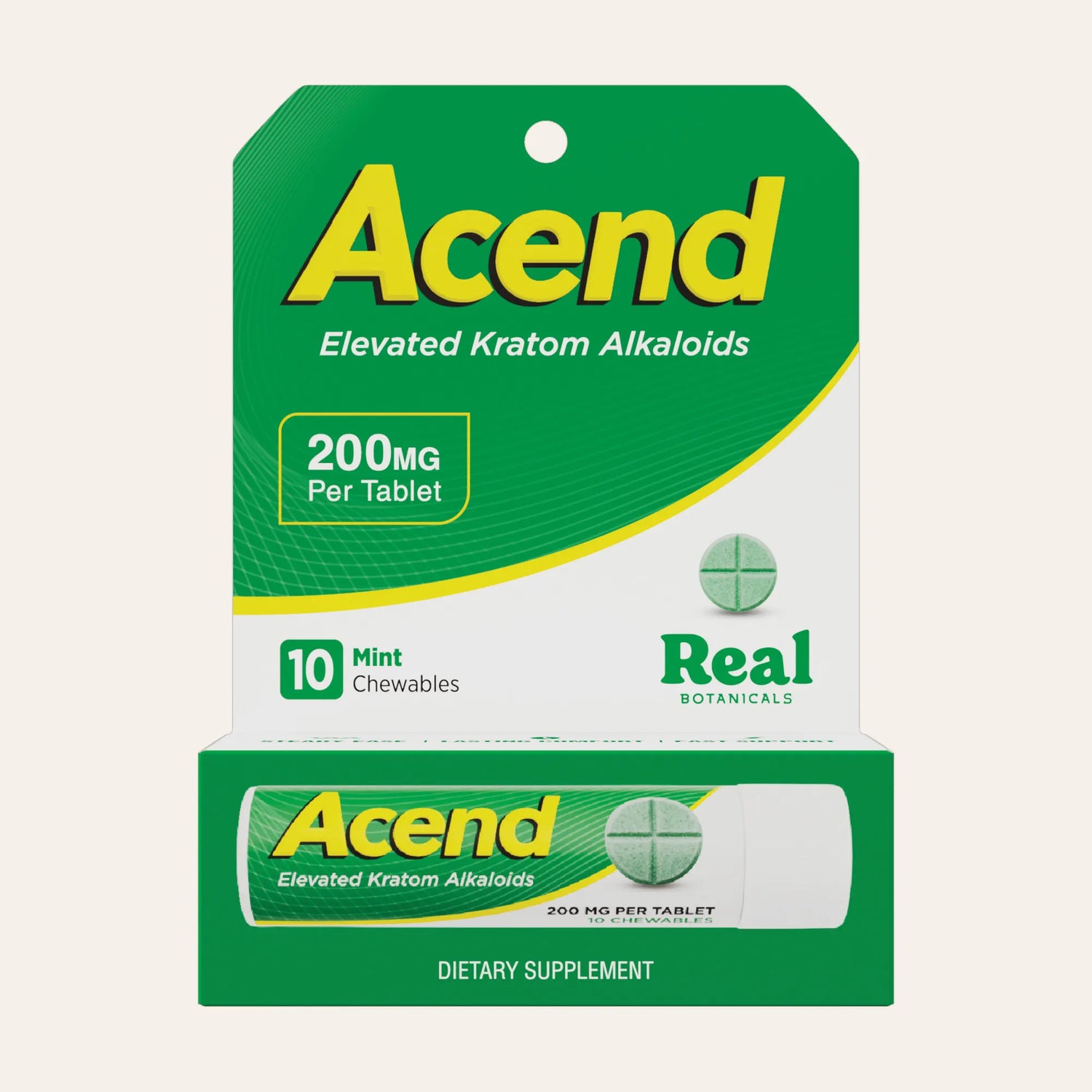 Acend Elevated Kratom Alkaloids 200MG chewable tablets by Real Botanicals, shown in its green and white retail packaging with a matching tube of 10 mint chewables.