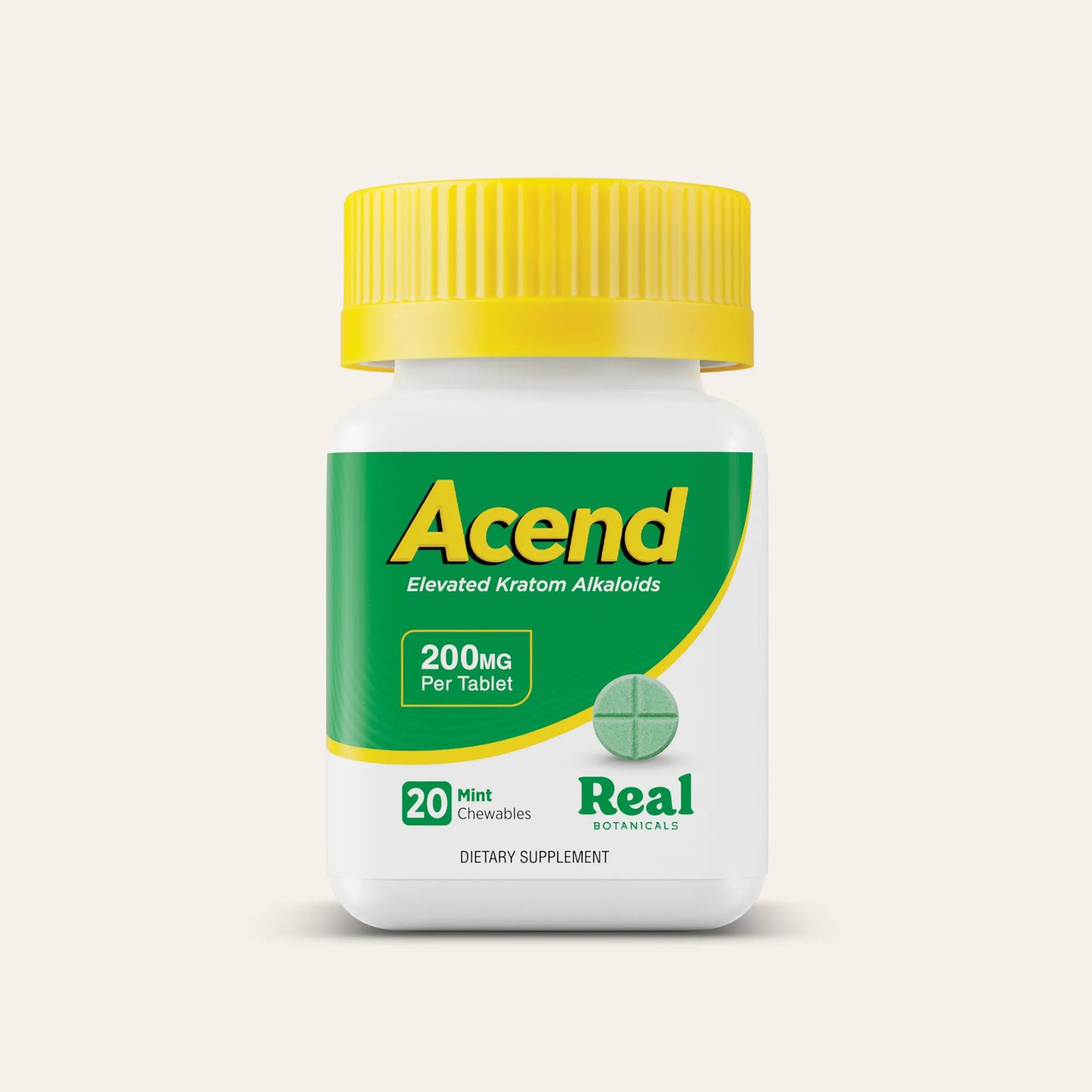 A white bottle of Acend Elevated Kratom Alkaloids 200mg chewables with a yellow cap and green label, centered on a light beige background.