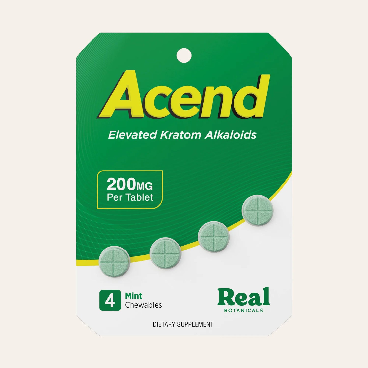Acend Elevated Kratom Alkaloids 200mg chewable packaging card showing four mint green tablets and branding by Real Botanicals on a light beige background.