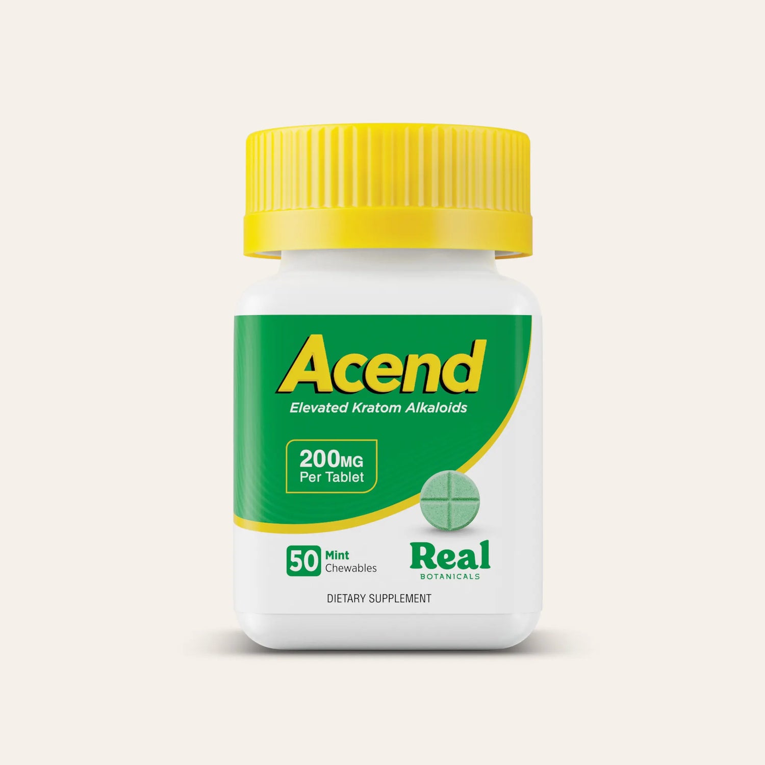 A white bottle of Acend 200mg Elevated Kratom Alkaloids dietary supplement with a bright yellow cap and a green and yellow label, shown on a light beige background.