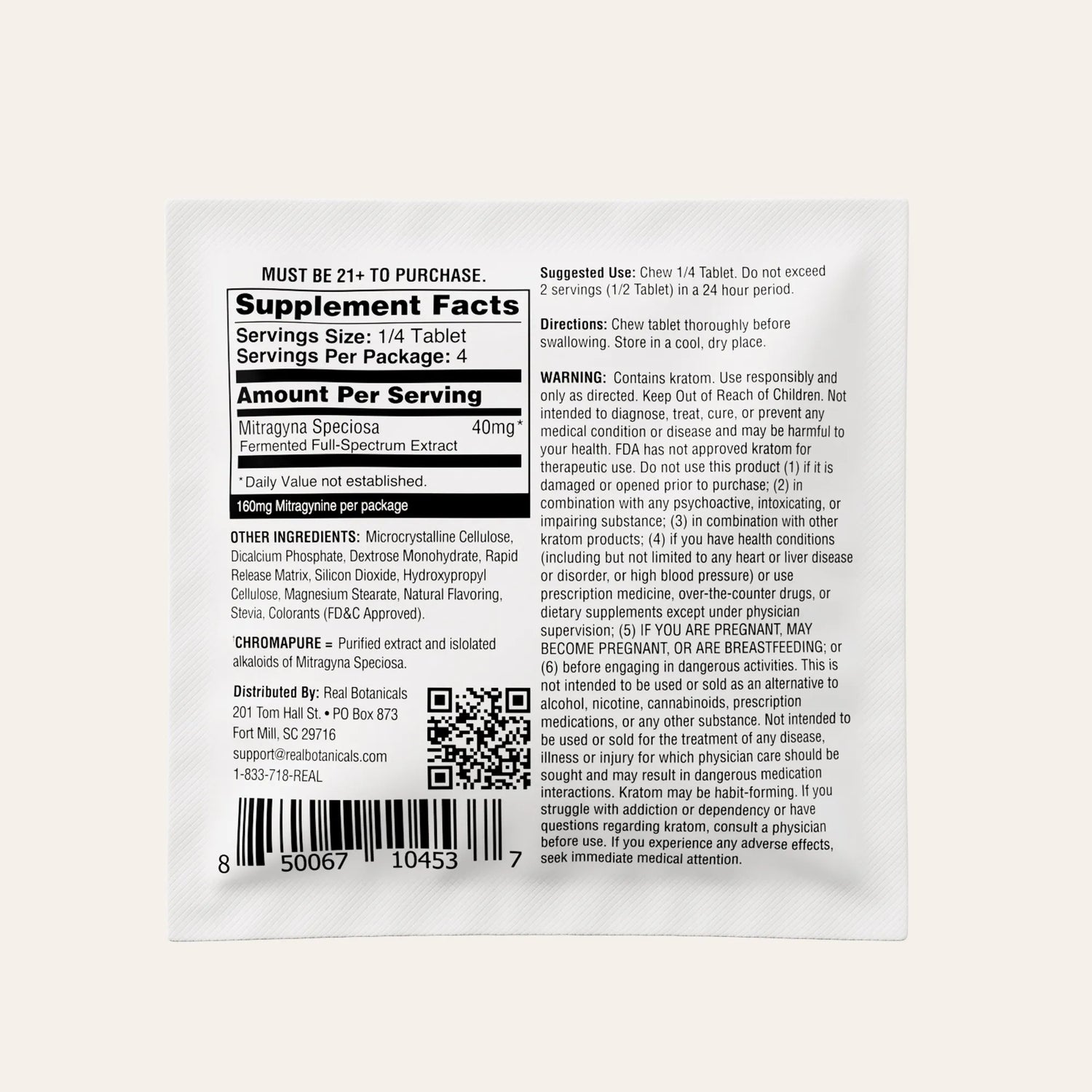Supplement label with text and a QR code on a white background