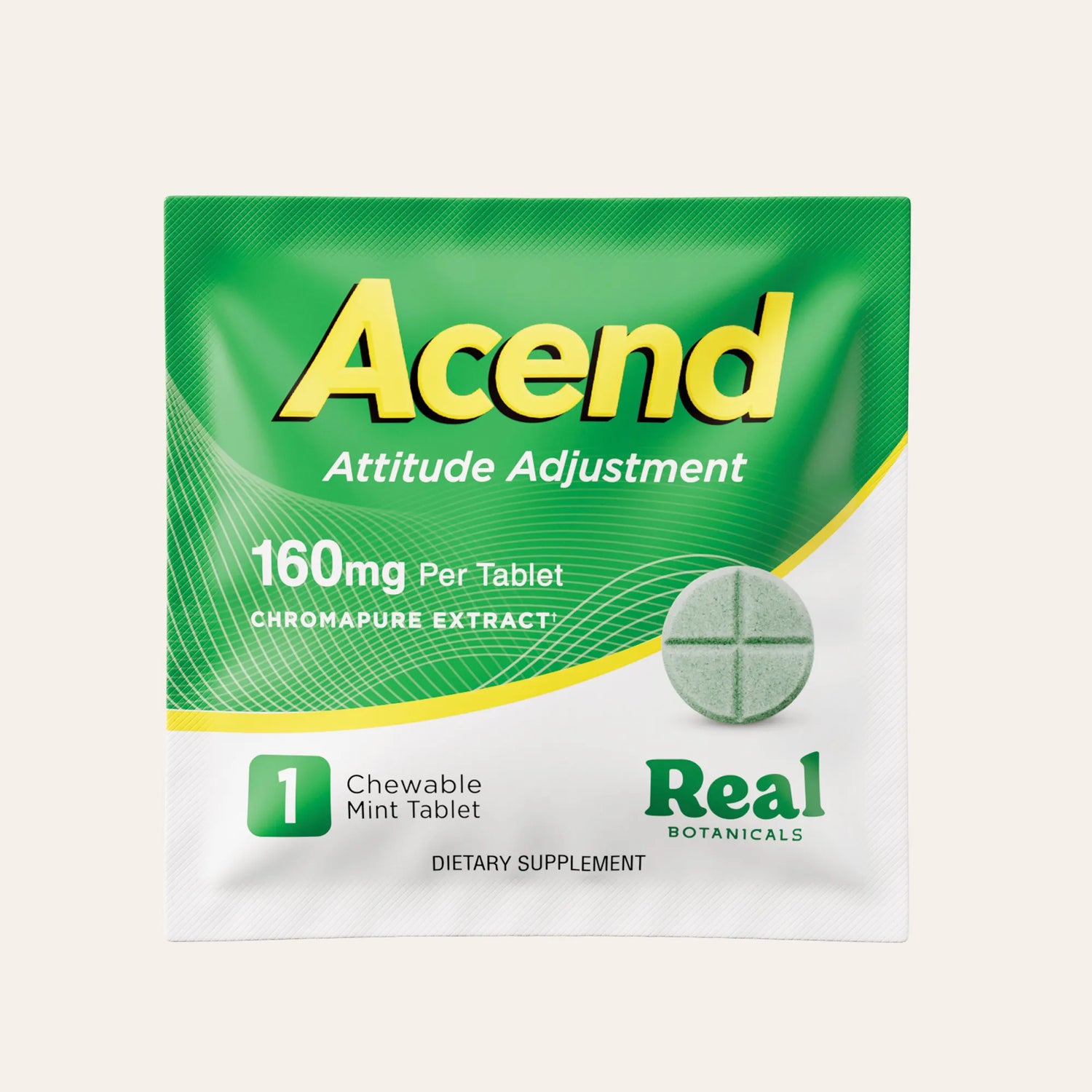 Acend dietary supplement package with green and white design on a light gray background