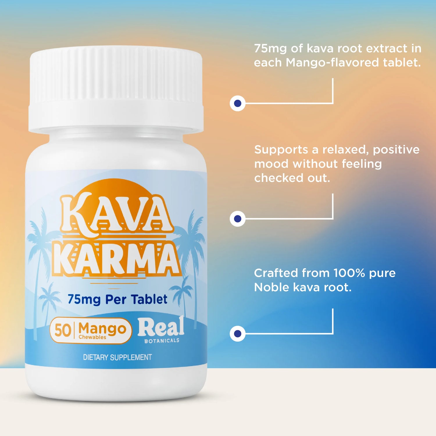A white bottle of Kava Karma dietary supplement with a blue and orange label, shown on a soft gradient background with marketing text callouts about kava root extract and mango-flavored tablets.