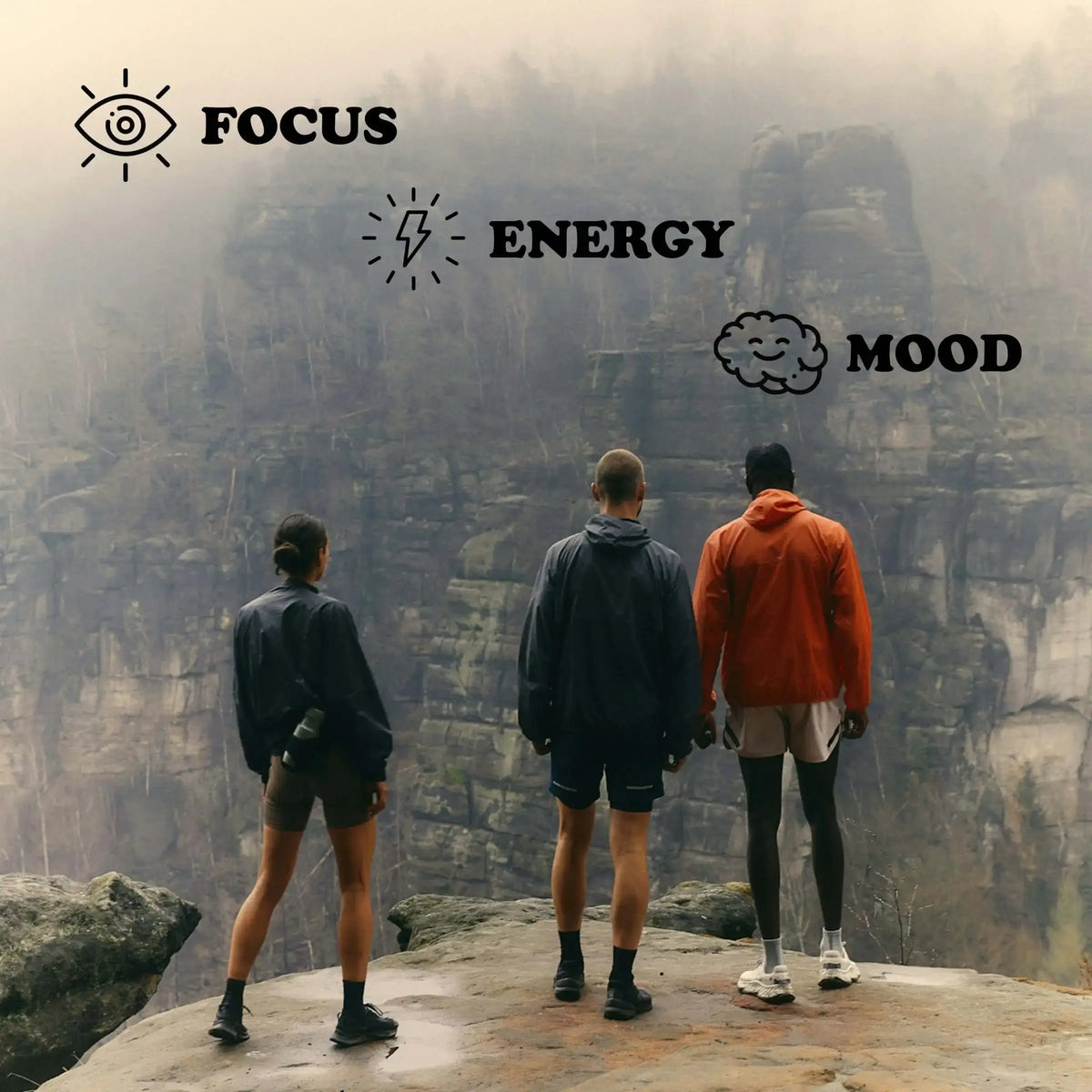 Group of friends hiking through rocky cliffs, with text highlighting focus, energy, and mood benefits