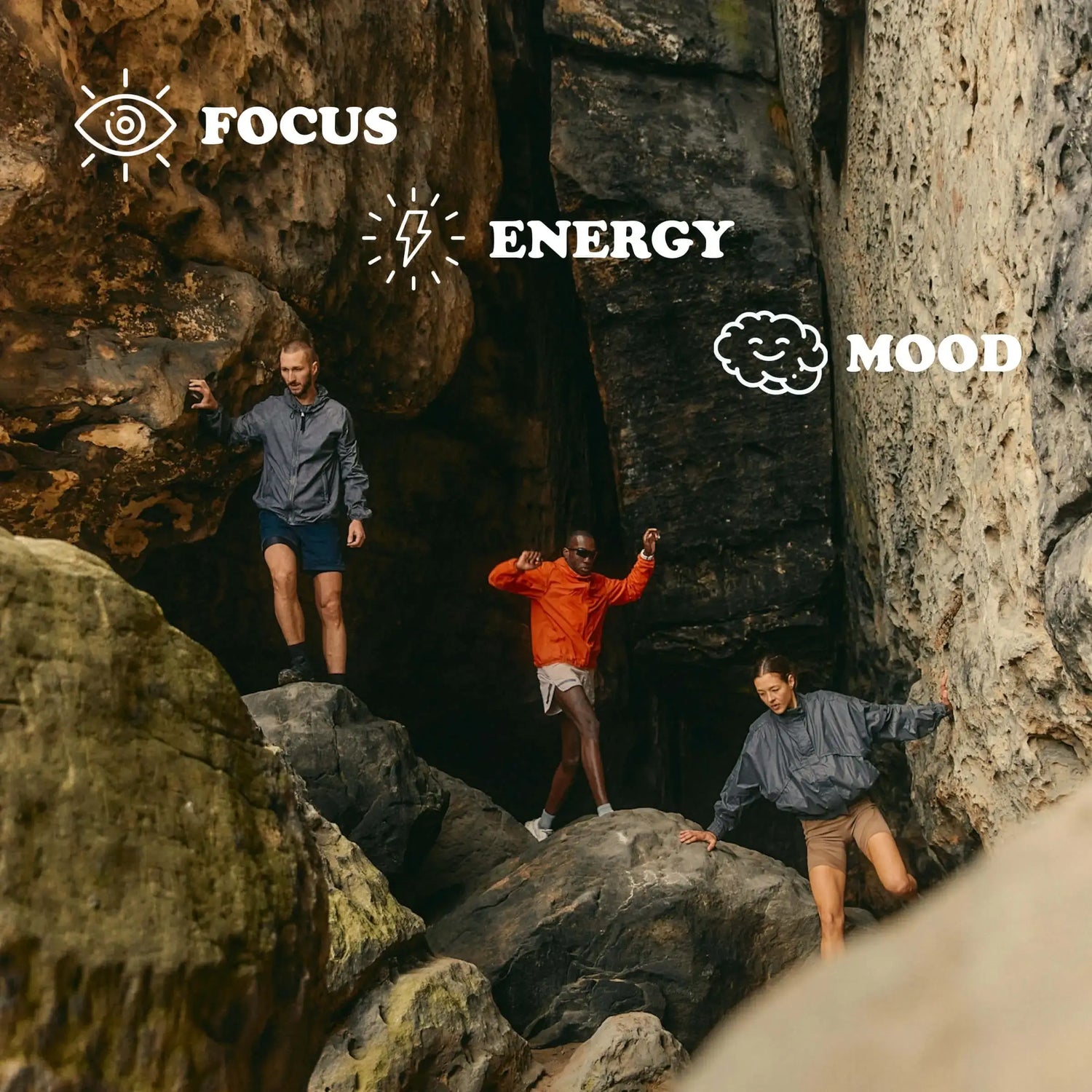 Group of friends hiking through rocky cliffs, with text highlighting focus, energy, and mood benefits 