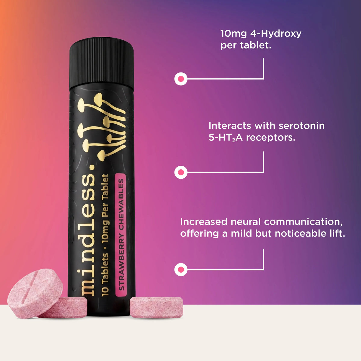 A black cylindrical bottle labeled 'mindless.' with gold mushroom graphics and pink strawberry chevrets, shown on a purple-to-pink gradient background with callout text about dosage and effects.