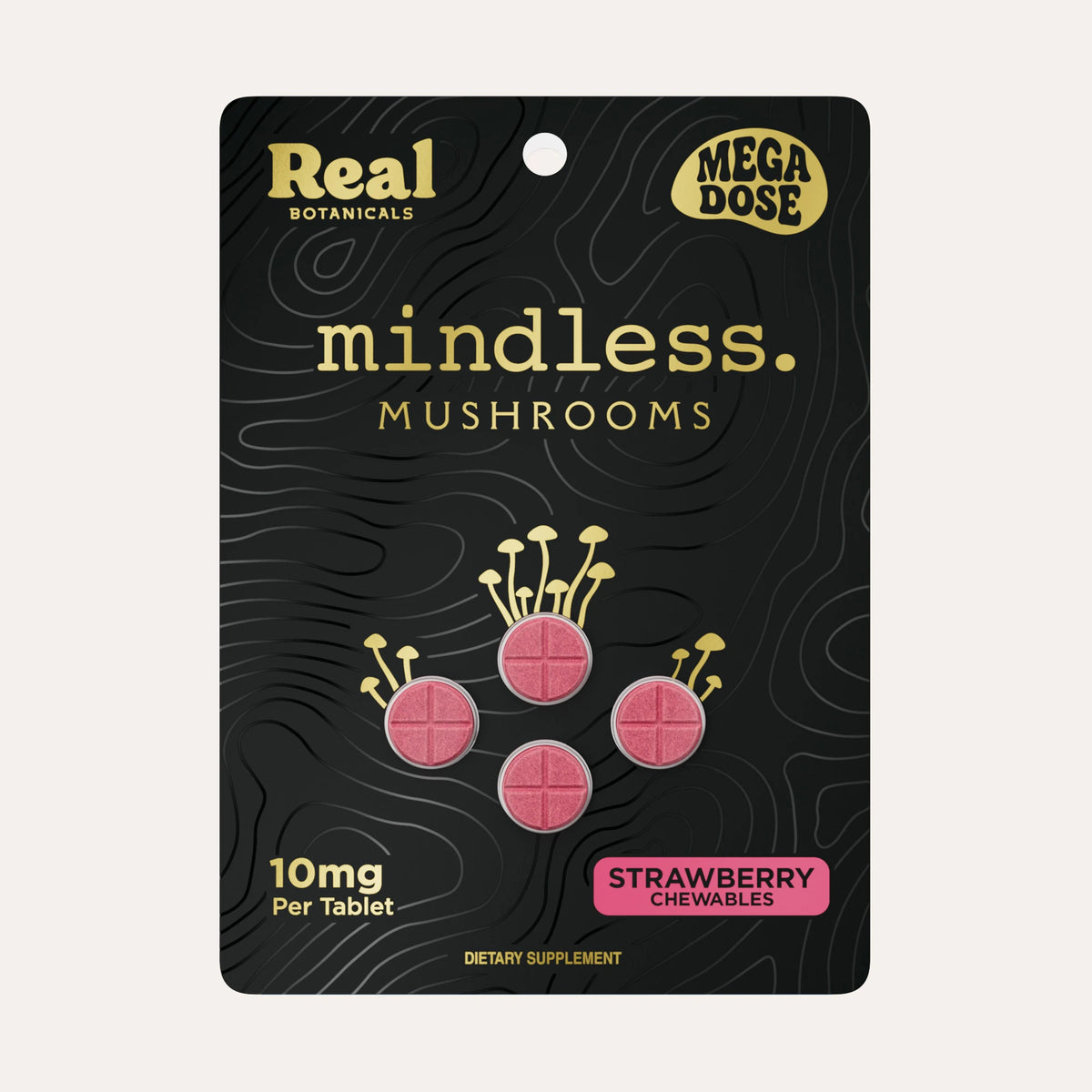 A package of Real Botanicals 'mindless. Mushrooms' Mega Dose Strawberry Chewables, featuring a black card with gold text and illustrations of pink tablets topped with yellow mushrooms, set against a light beige background.