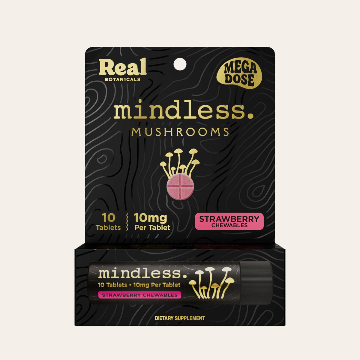 Real Botanicals Mindless Mushrooms Mega Dose Strawberry Chewables, featuring a black and gold cardboard backing card and a matching tube of 10 strawberry chewable tablets.