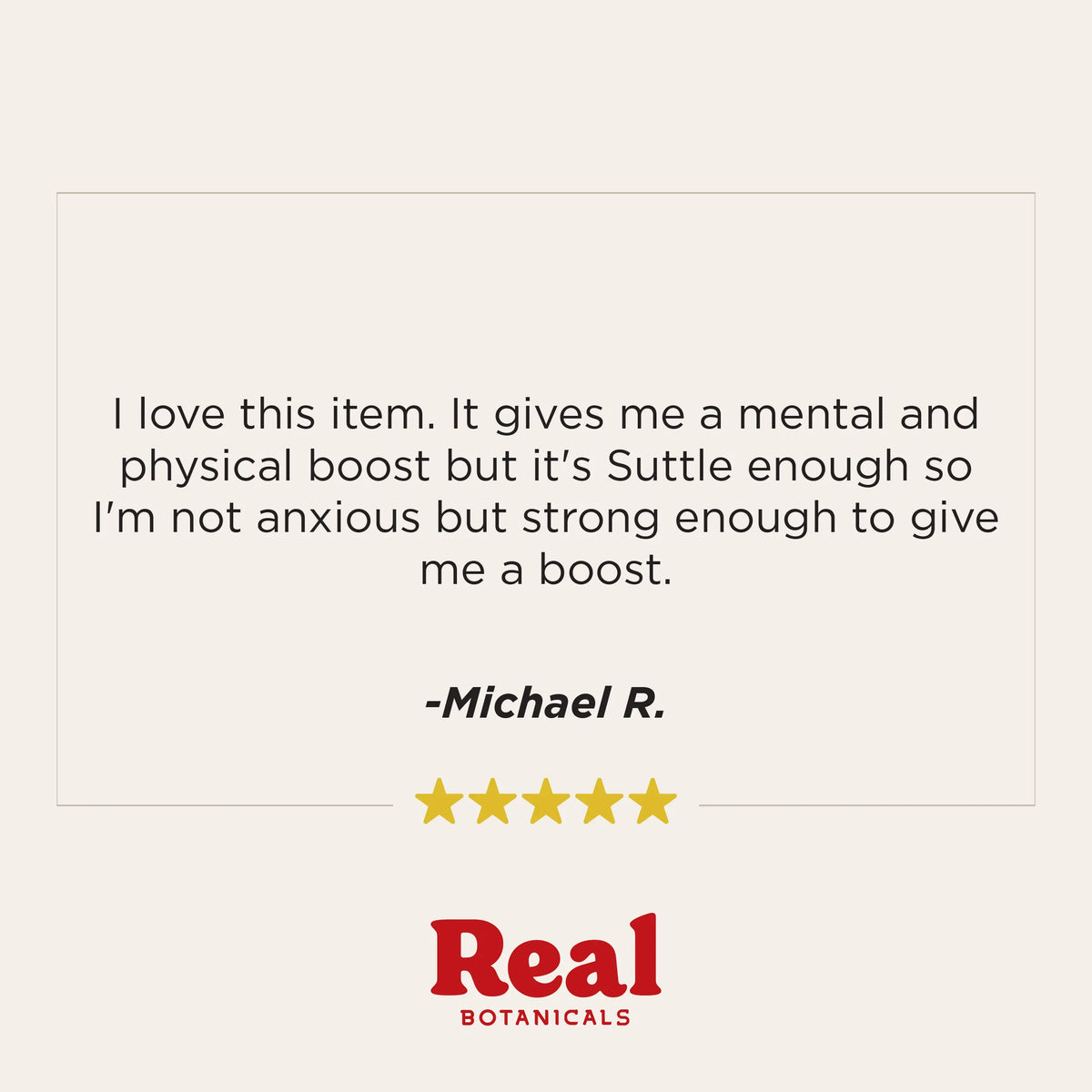 A text-based review card on a light beige background. The quote reads, 'I love this item.