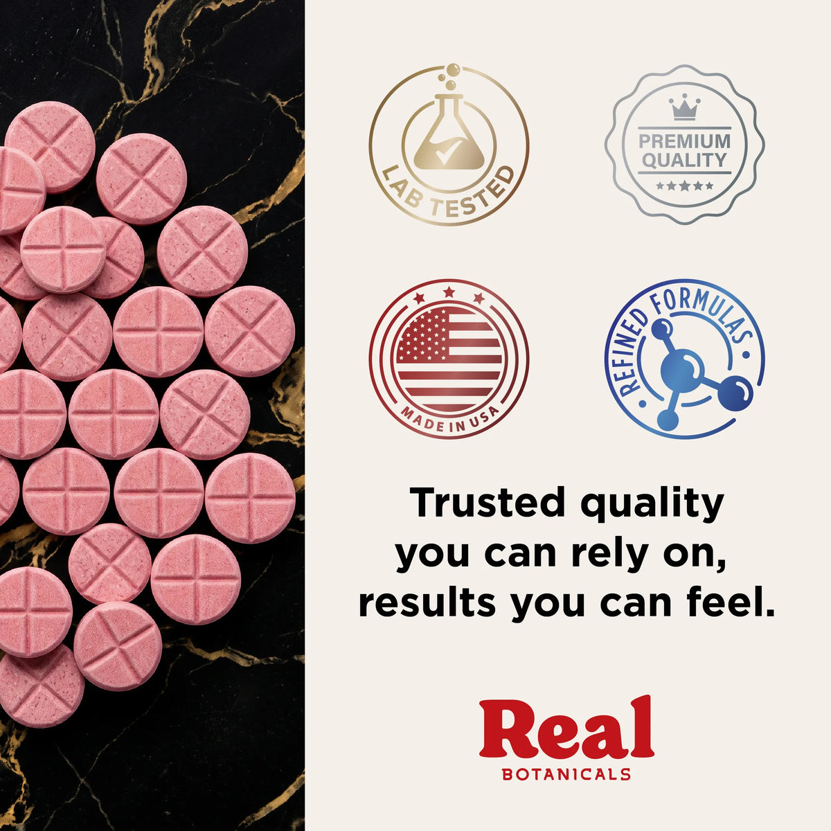 Pink round herbal supplement tablets with a cross imprint, arranged on a black marble background next to a cream-colored panel featuring trust badges and the brand name 'Real Botanicals'.