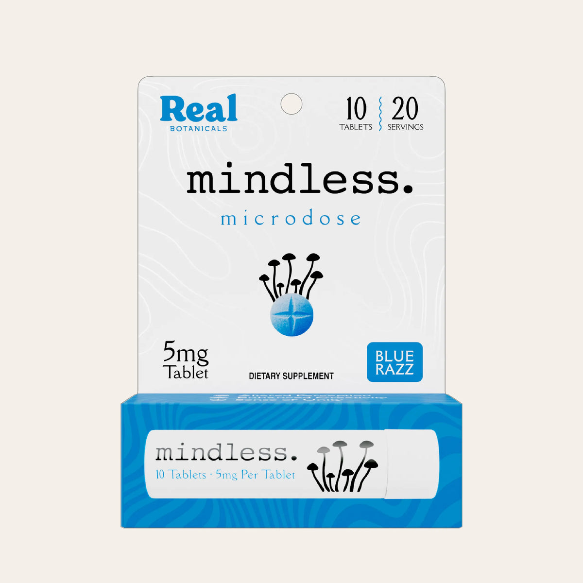 Real Botanicals mindless microdose dietary supplement packaging, featuring a white and blue box with mushroom graphics and text indicating 10 tablets, 5mg tablet strength, and Blue Razz flavor.