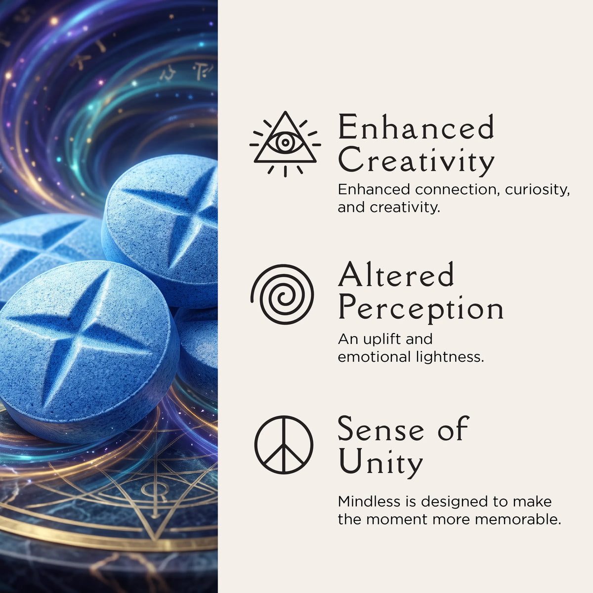 Blue star-embossed round pills arranged on a mystical cosmic surface with gold occult symbols, beside text reading Enhanced Creativity, Altered Perception, and Sense of Unity on a cream background.