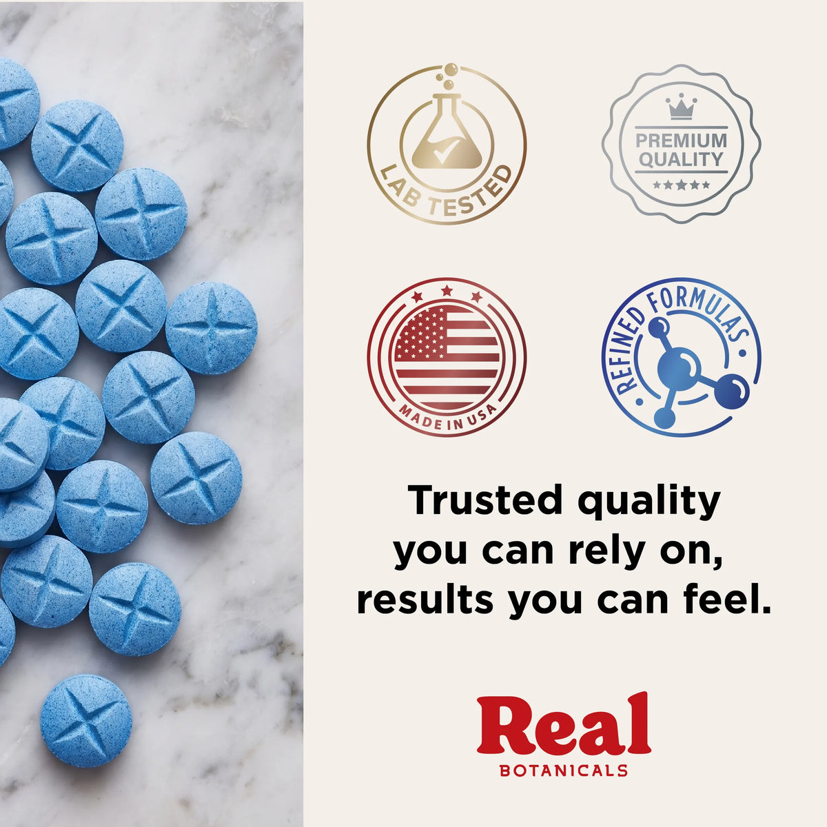 Blue round tablets with a cross imprint scattered on a white marble surface beside a cream panel with badges reading Lab Tested, Premium Quality, Made in USA, and Refined Formulas, plus the Real Botanicals logo.