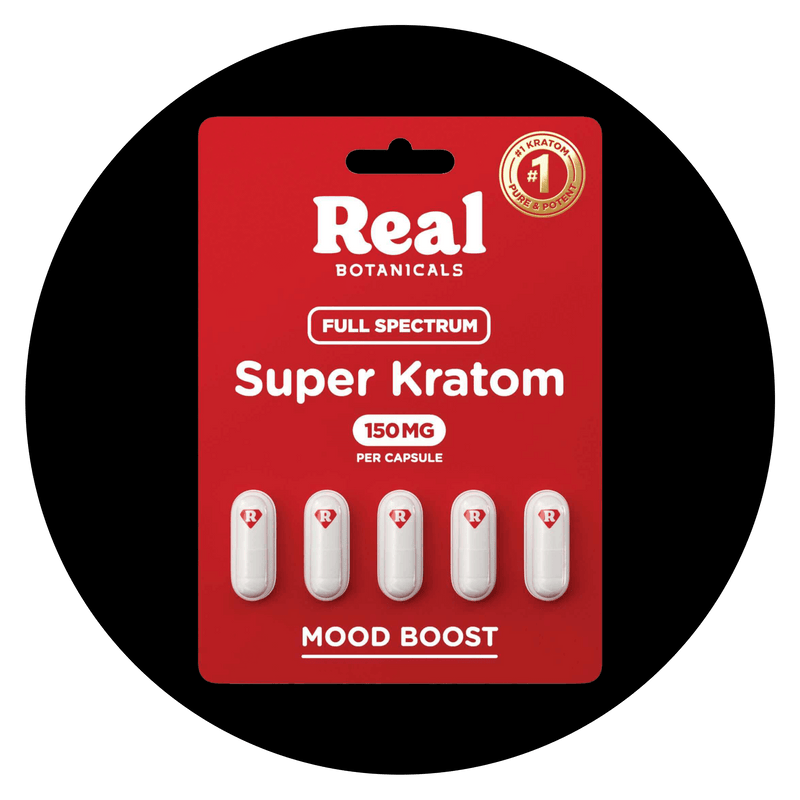 Front view of Super Kratom 150G package with supplement facts and ingredient details