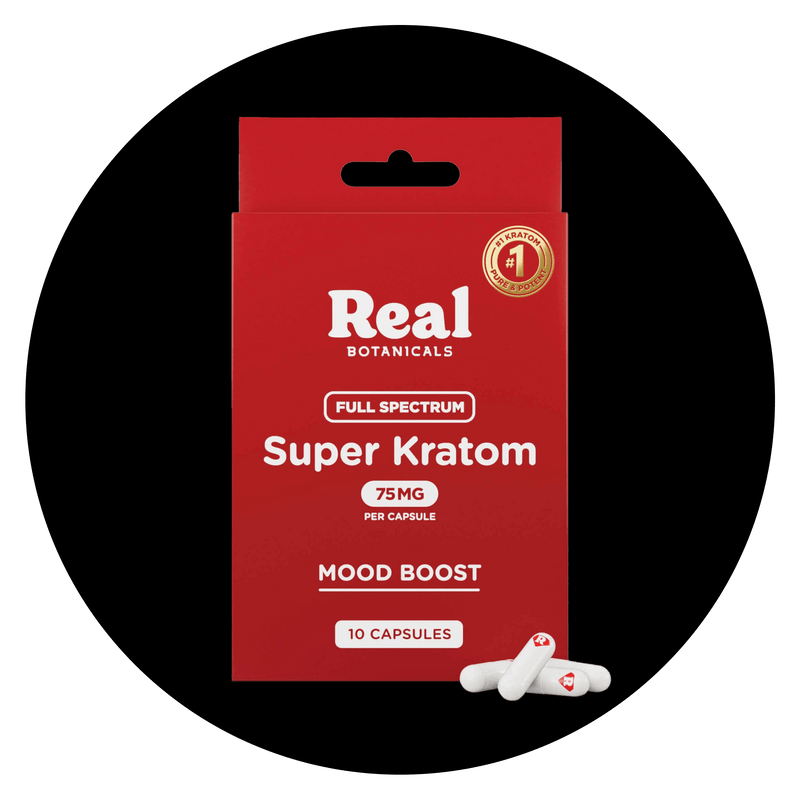 Front view of Super Kratom 75G package with supplement facts and ingredient details