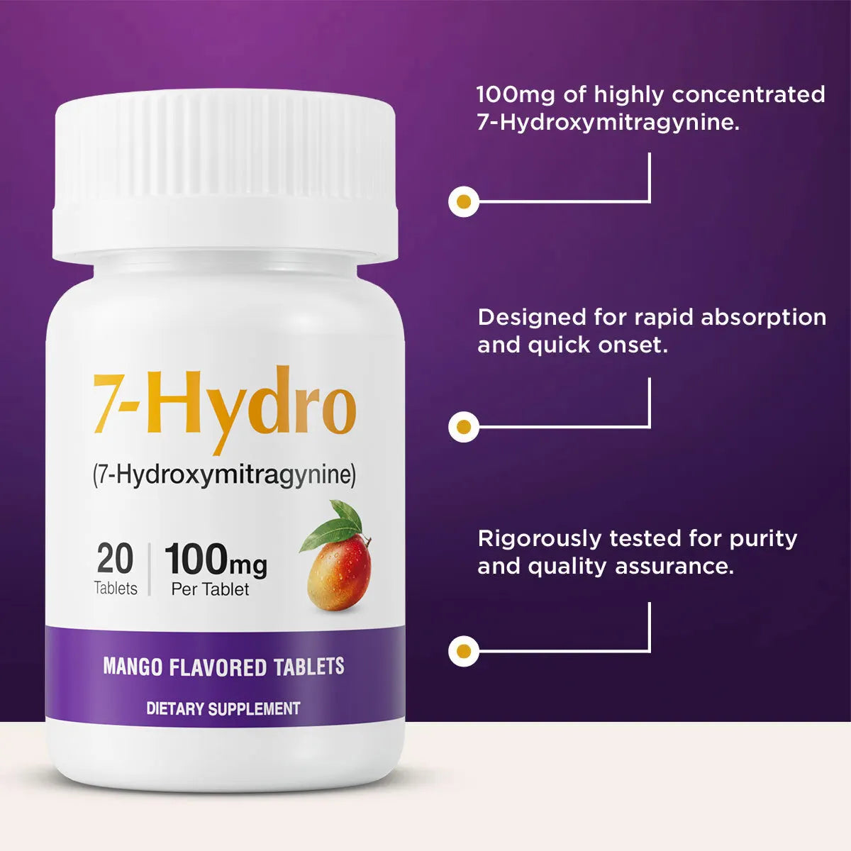 A white bottle of 7-Hydro mango-flavored dietary supplement tablets on a purple background with marketing text callouts about 7-Hydroxymitragynine content, rapid absorption, and quality testing.