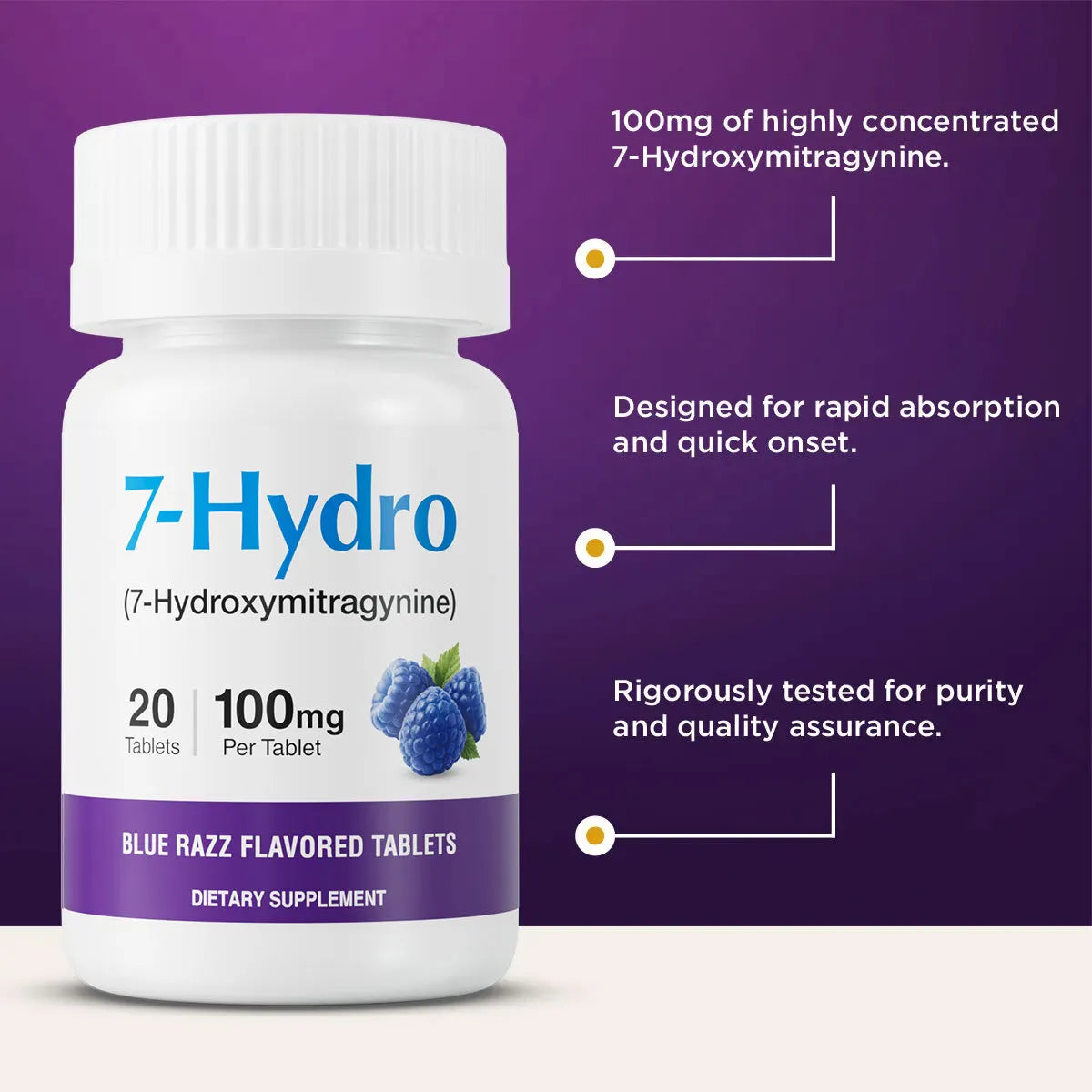 A white bottle of 7-Hydro dietary supplement tablets on a purple background with marketing text callouts. The label reads '7-Hydro (7-Hydroxymitragynine)' and 'Blue Razz Flavored Tablets,' with a berry illustration and '20 | 100mg Per Tablet' details.