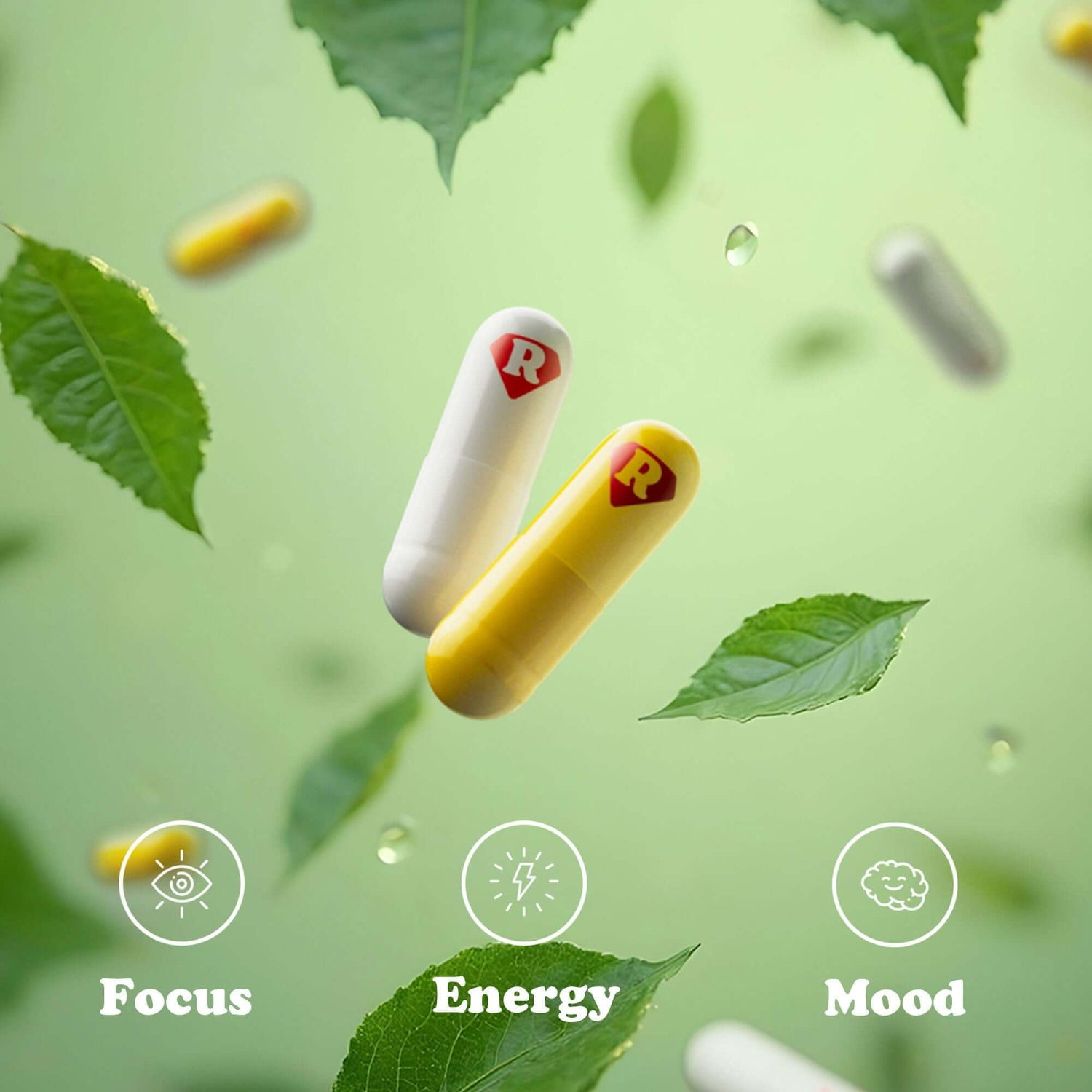 Kratom capsules floating with kratom leaves