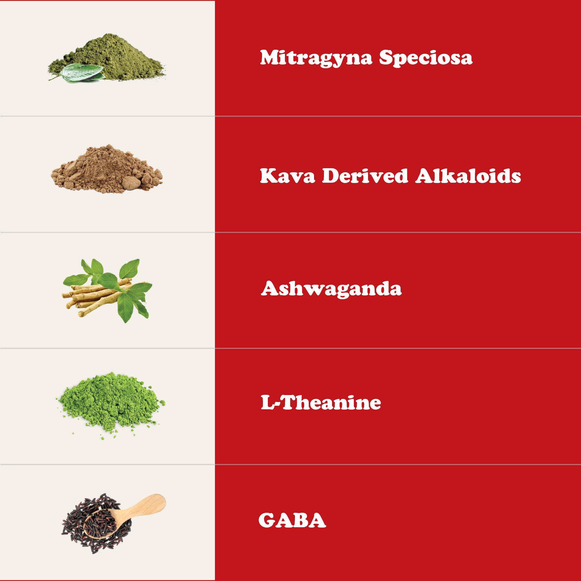 mitragyna speciosa, kava derived alkaloids, ashwaganda, l-theanine, gaba image - Real Botanicals