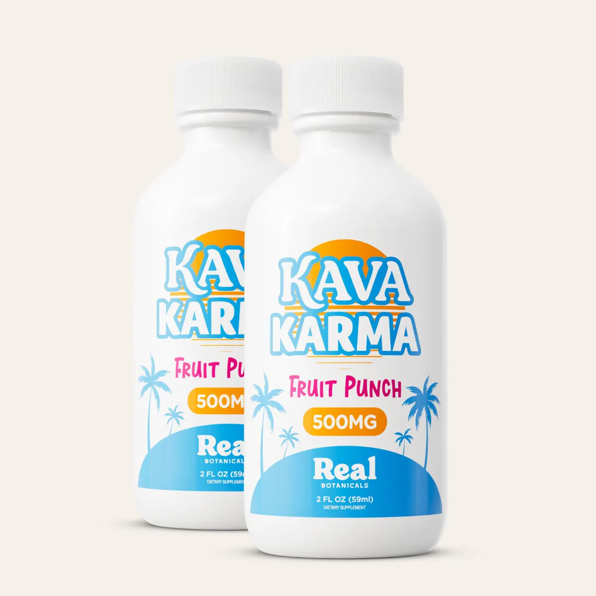 Two white bottles of Kava Karma Fruit Punch dietary supplement, 500mg, with a tropical orange, blue, and pink label design, set against a solid off-white background.#2pack