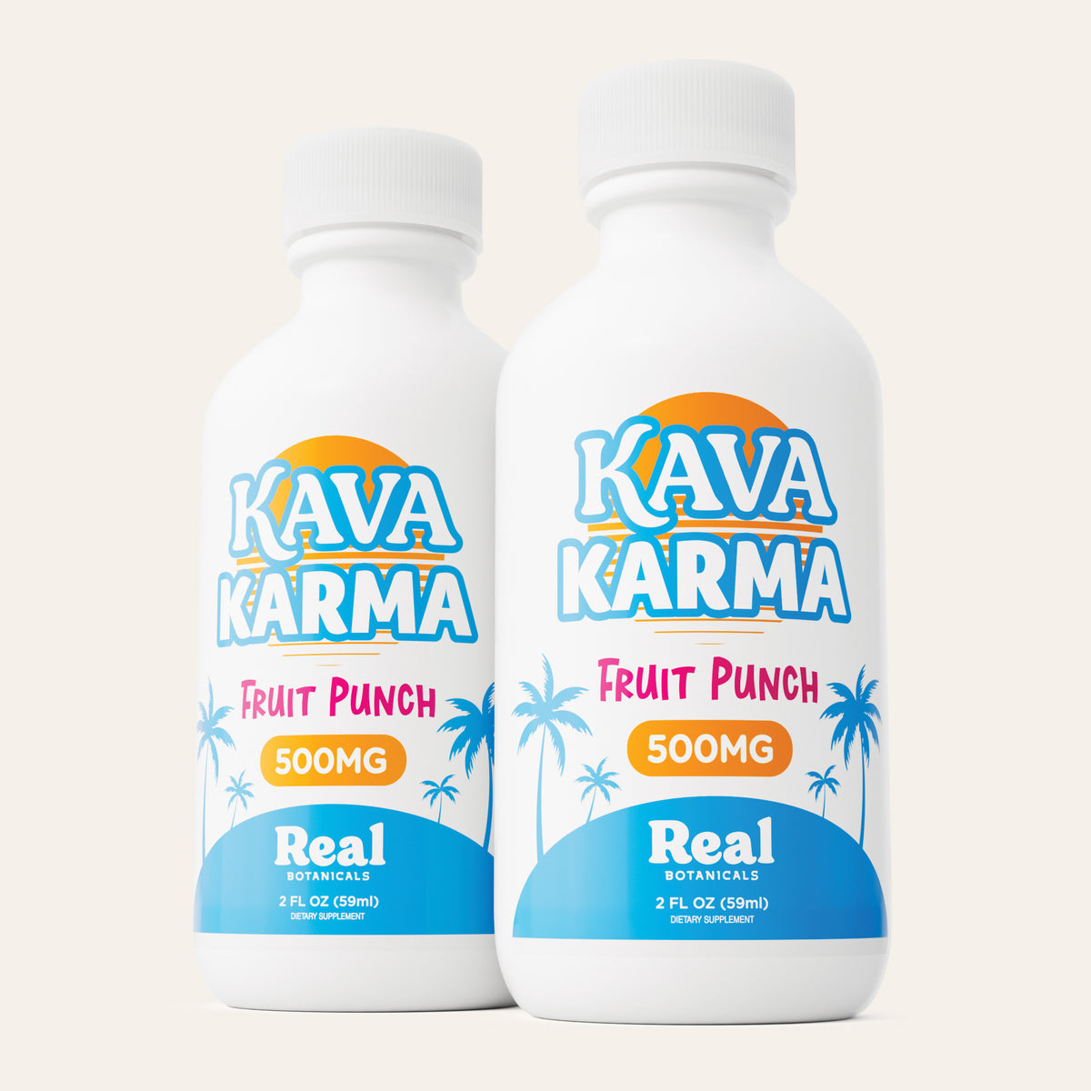 Two white bottles of Kava Karma Fruit Punch dietary supplement, 500mg, with a tropical orange, blue, and pink label design, set against a solid off-white background.#2pack