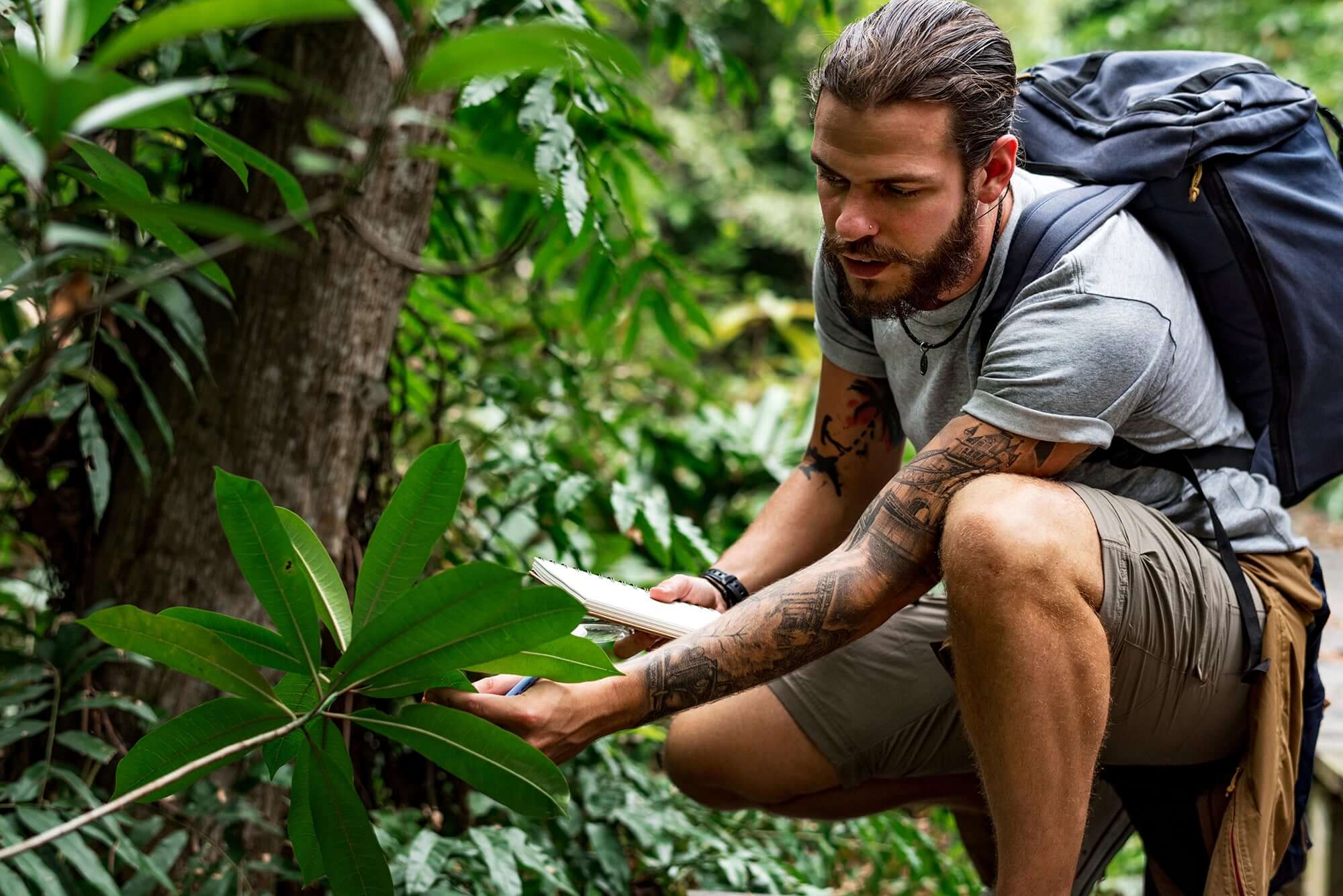 man touching a kratom plant leaf - Real Botanicals